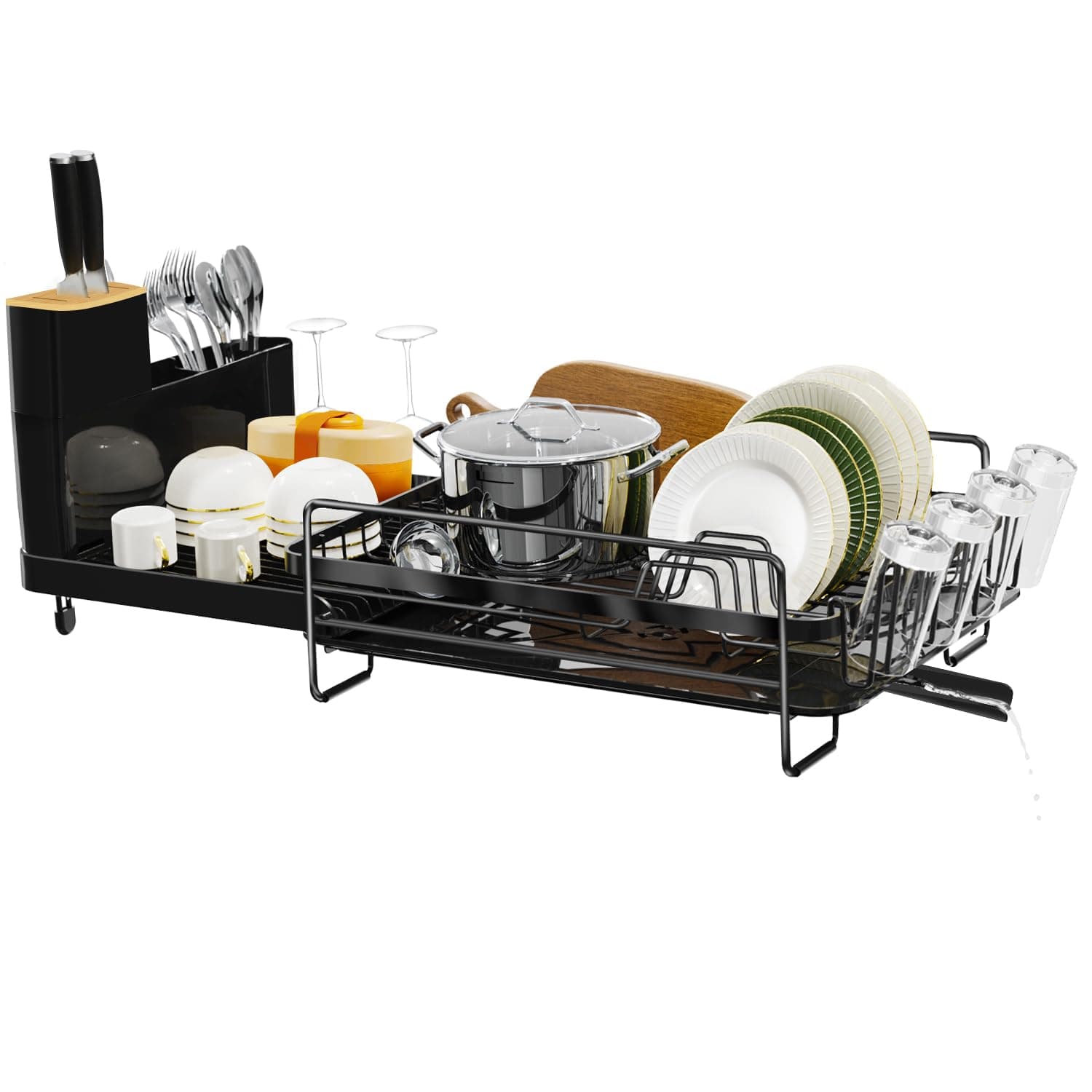 Dish Drying Rack Extendable, Large Dish Rack with Drainboard, Utensil Holder, Cup Holder, Expandable Dish Drainer for Kitchen Counter, 20.5"-27.6" L x 12.6" W
