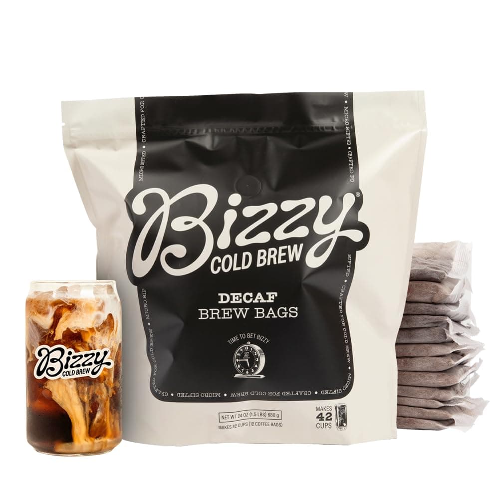 Bizzy Cold Brew Coffee | Decaf Blend | Water Process | Coarse Ground Coffee | Micro Sifted | Specialty Grade | 100% Arabica | Brew Bags | 12 Count | Makes 42 Cups