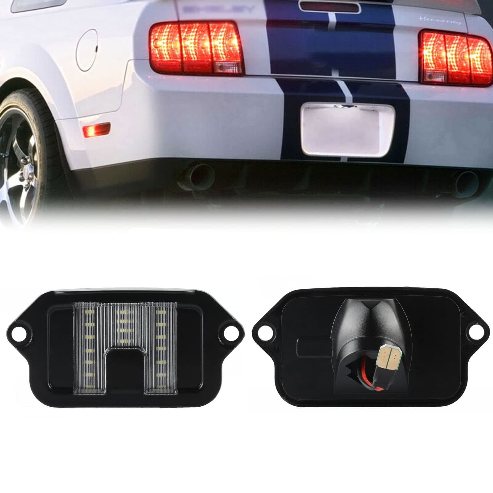 - Full LED License Plate Light Tag Lamp Housing Assembly Replacement Waterproof For 2005 2006 2007 2008 2009 Ford Mustang - 6000K Diamond White, 1-Piece