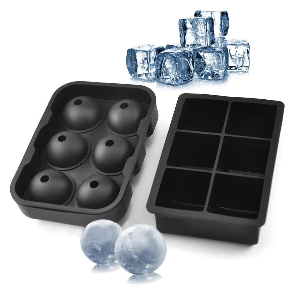 Silicone Ice Cube Trays Round Ice Cube Mold Square Ice Cube Tray, Combo Set of 2 Molds - Big Ice Cube Tray Mold & Ice Chill Sphere Mold (Set of 2) (6H+6B)
