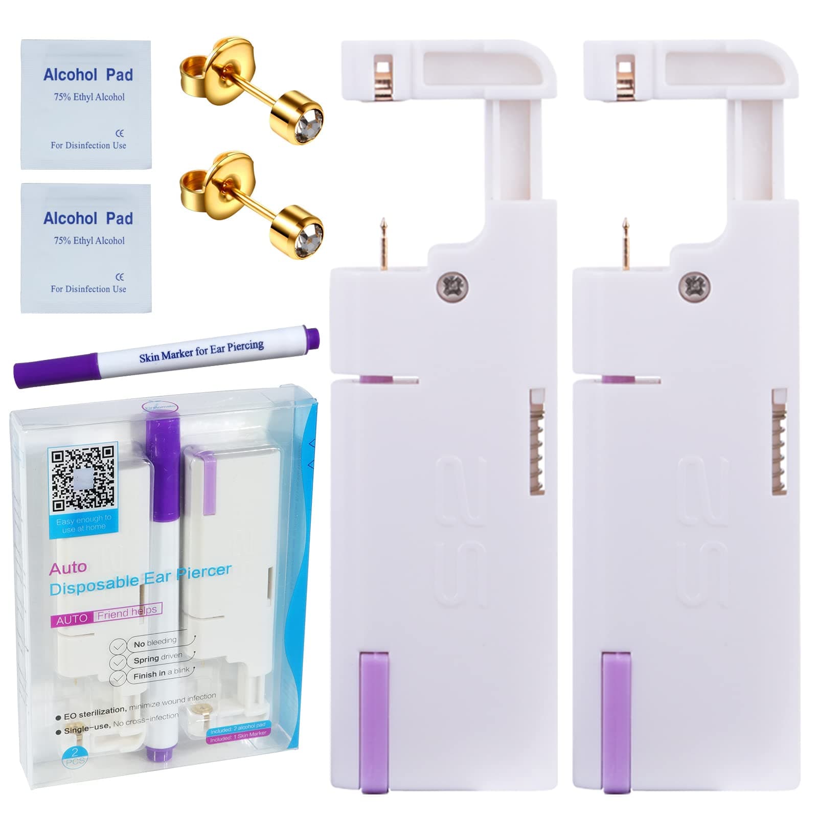 2PCS Disposable Ear Piercing Kit Ear Piercing Gun Self Use Ear Piercings Kit Cartilage Piercing Gun with Hypoallergenic Earrings(3mm,24kt Gold)