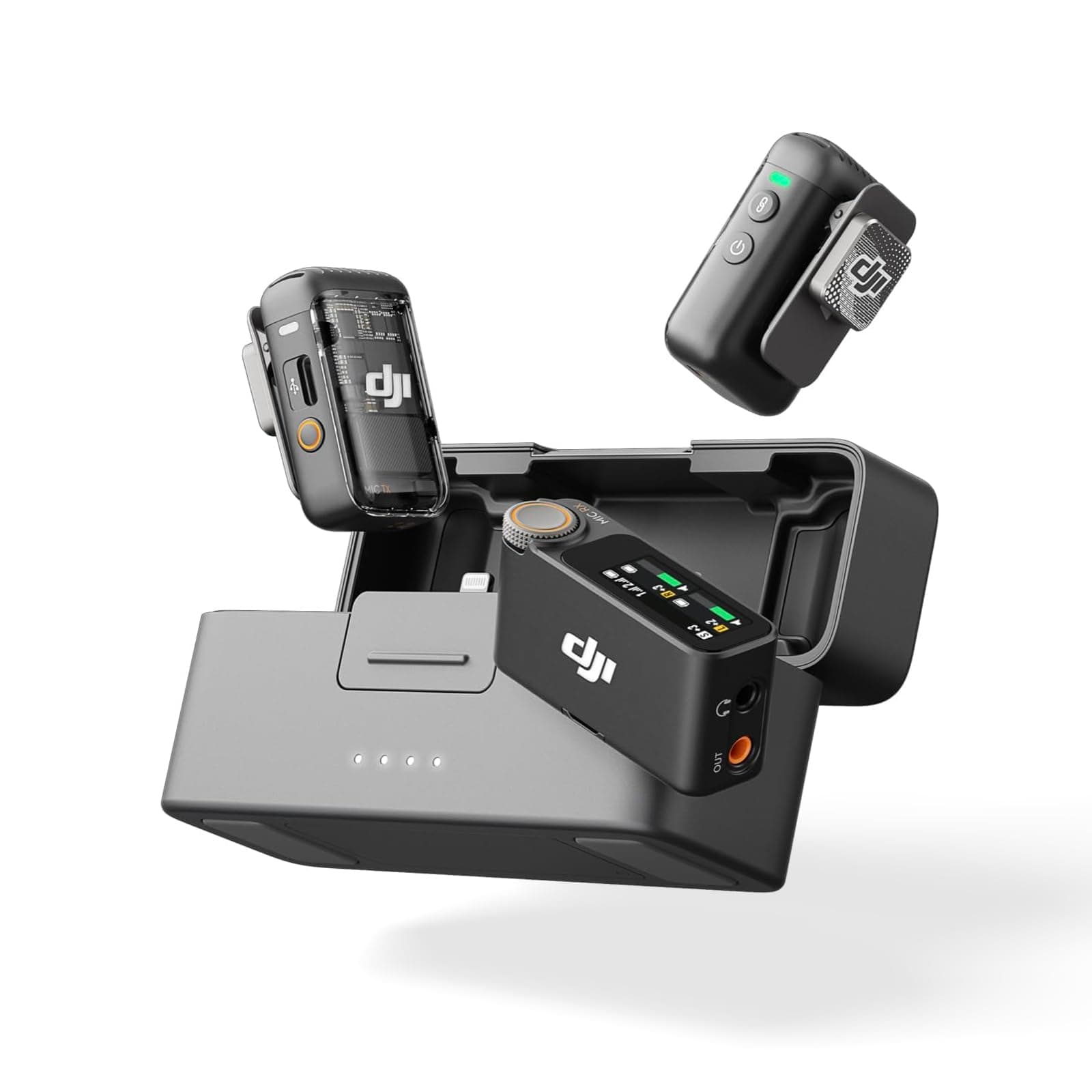 DJI Mic 2 (Transmitter x 2 + Receiver x 1 + Charging Case), All-in-One Wireless Microphone, Smart Noise Cancelling, 32-bit Float Recording, Transmission Distance, 250 m, iPhone Microphone, Camera Compatible, Android Microphone