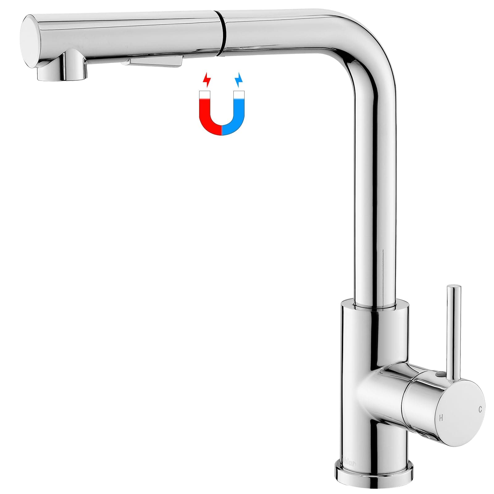 Kitchen Sink Mixer Taps Chrome with Magnetic Docking Pull Out Sprayer 360°Swivel Spout, 2 Spray Modes Hot and Cold Water Tap, Single Lever 1-Hole Taps, L-Form Kitchen Sink Faucet