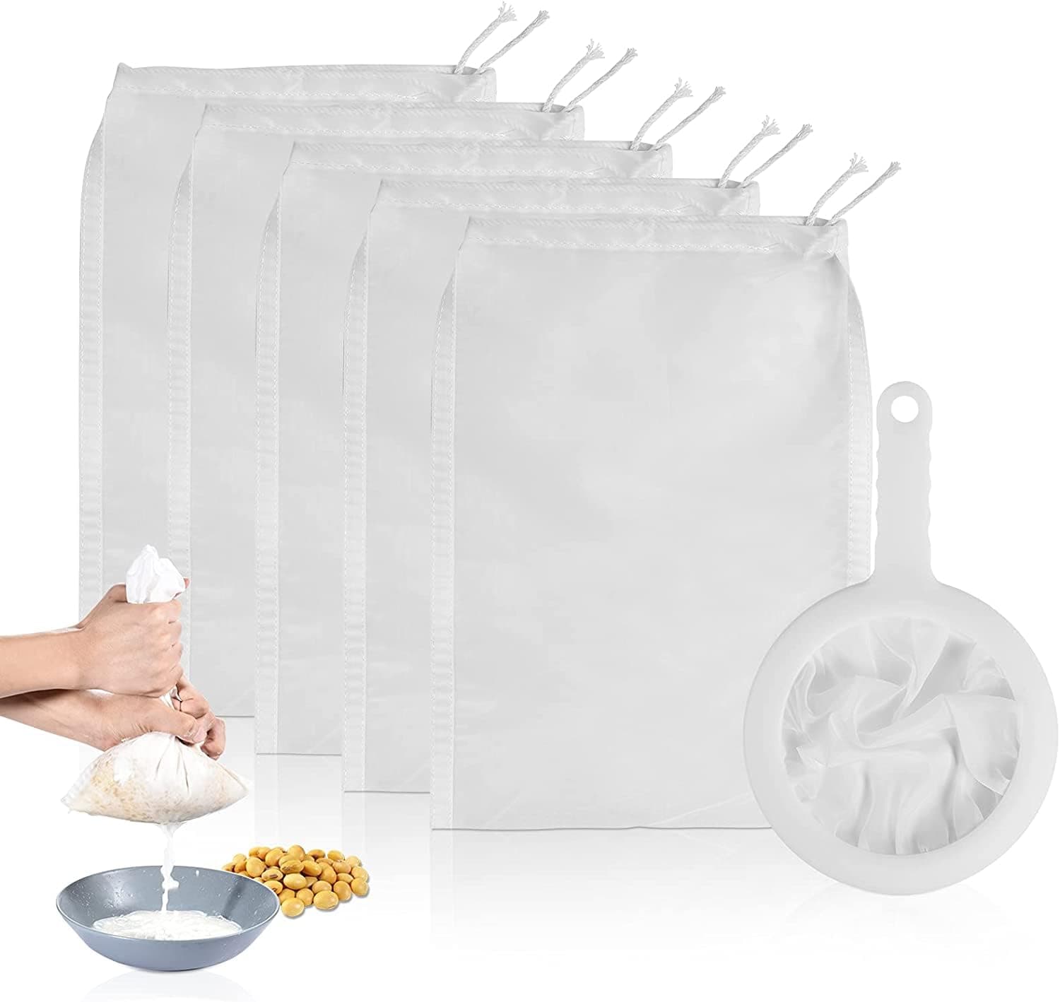 6 Pack - 200 Mesh Fine Mesh Strainer & Nut Milk Bags, Reusable Food Strainer - Food Grade BPA-Free - Ultra Strong Fine Nylon Mesh - Nutmilk, Juices, Cold Brew, Tea Coffee, Juice Soy Milk Juice