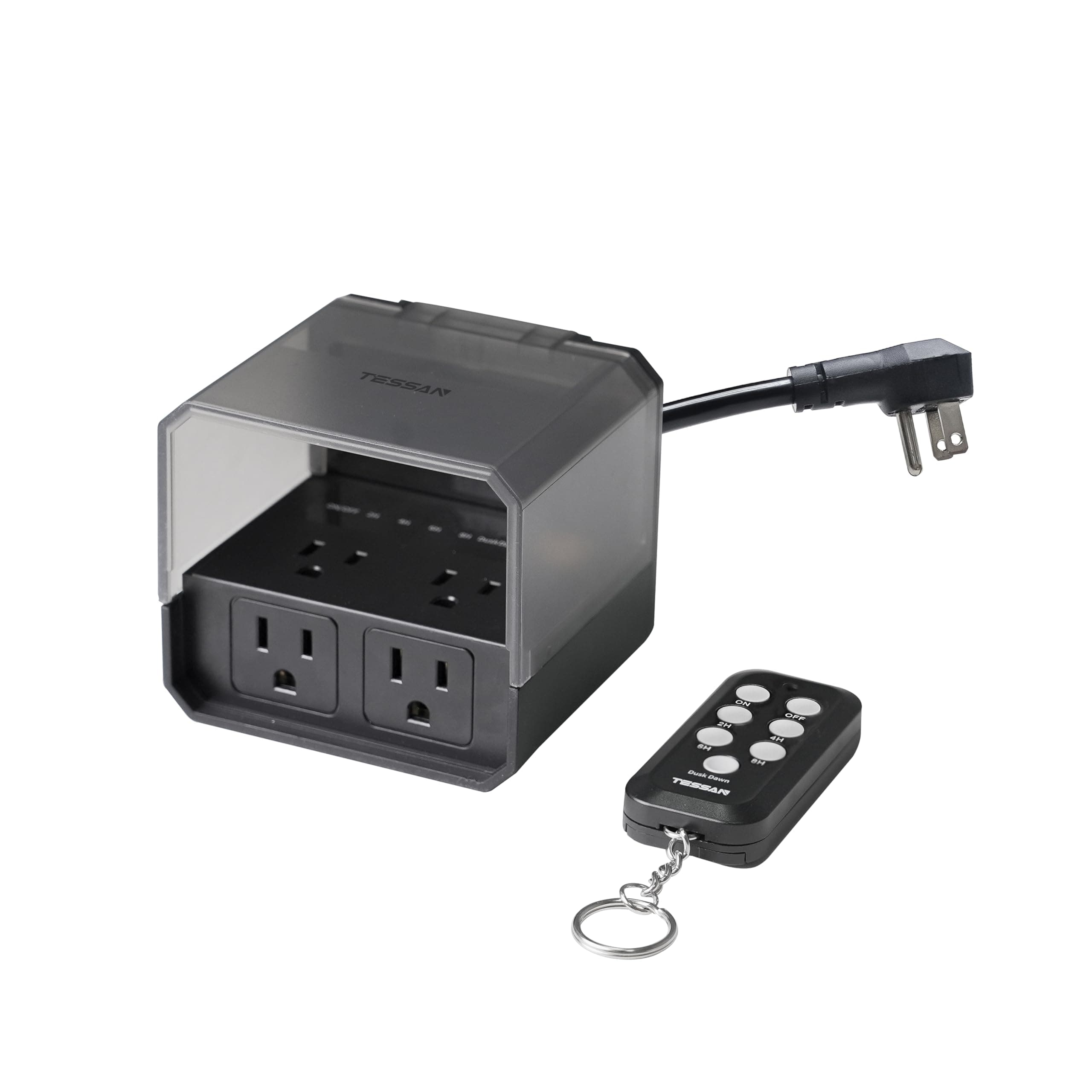 Outdoor Light Timer with Remote, TESSAN Timer Plug with 4 Outlets 100ft, Dusk to Down Countdown Sensor with Weatherproof Cover for Home, Garden