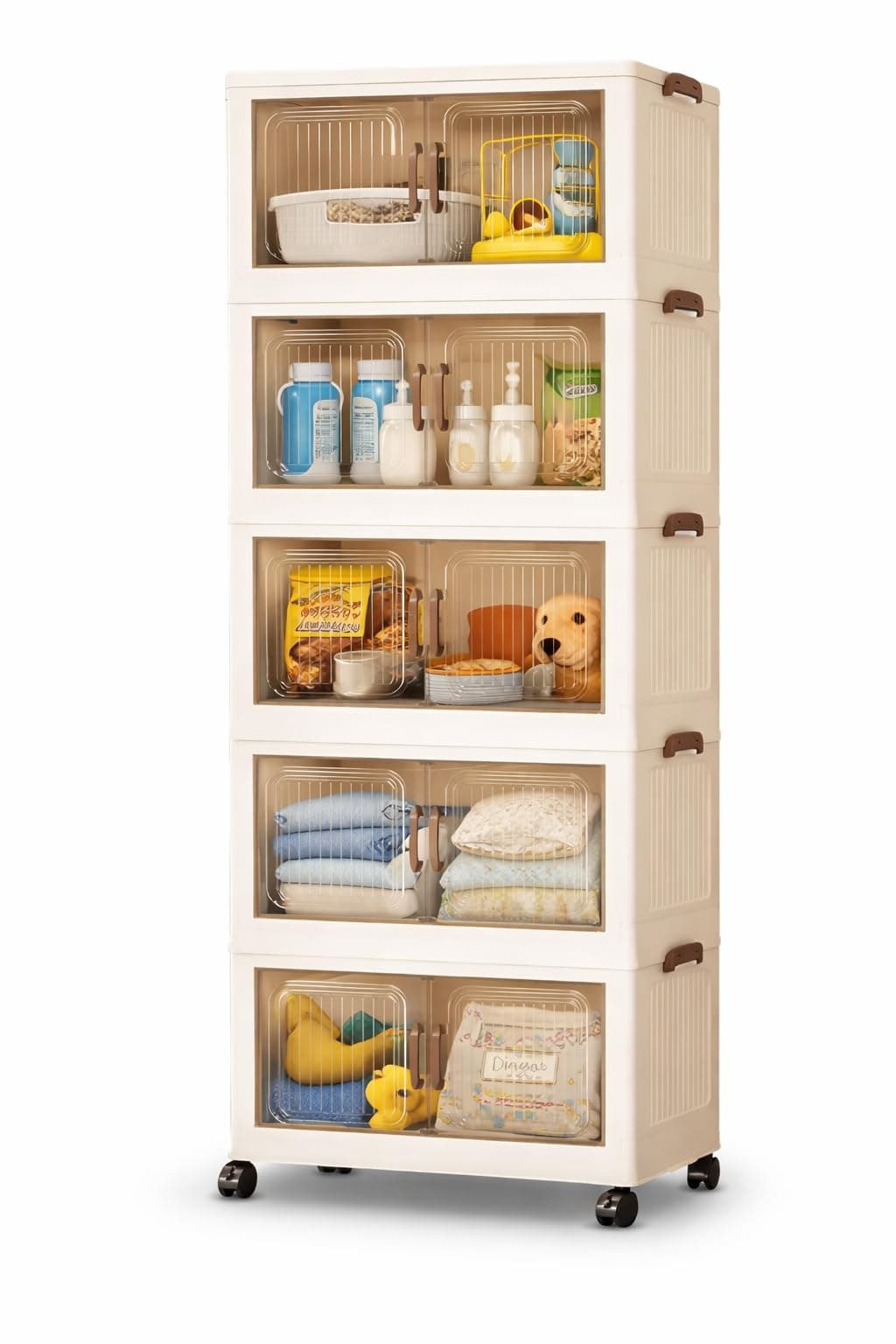 5 Layer Collapsible Storage Bins, Stackable Plastic Storage Cabinet with Wheels, Dual Opening Storage Box with Magnetic Doors for Home, Living Room, Office, Closet, 60x36x176cm, White