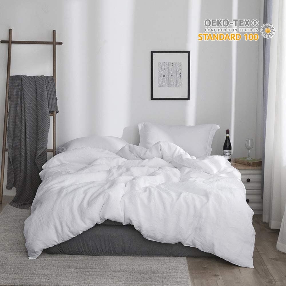 Simple&Opulence 100% Linen Duvet Cover Set 3pcs Basic Style Natural French Washed Flax Solid Color Soft Breathable Farmhouse Bedding with Button Closure - White, Full