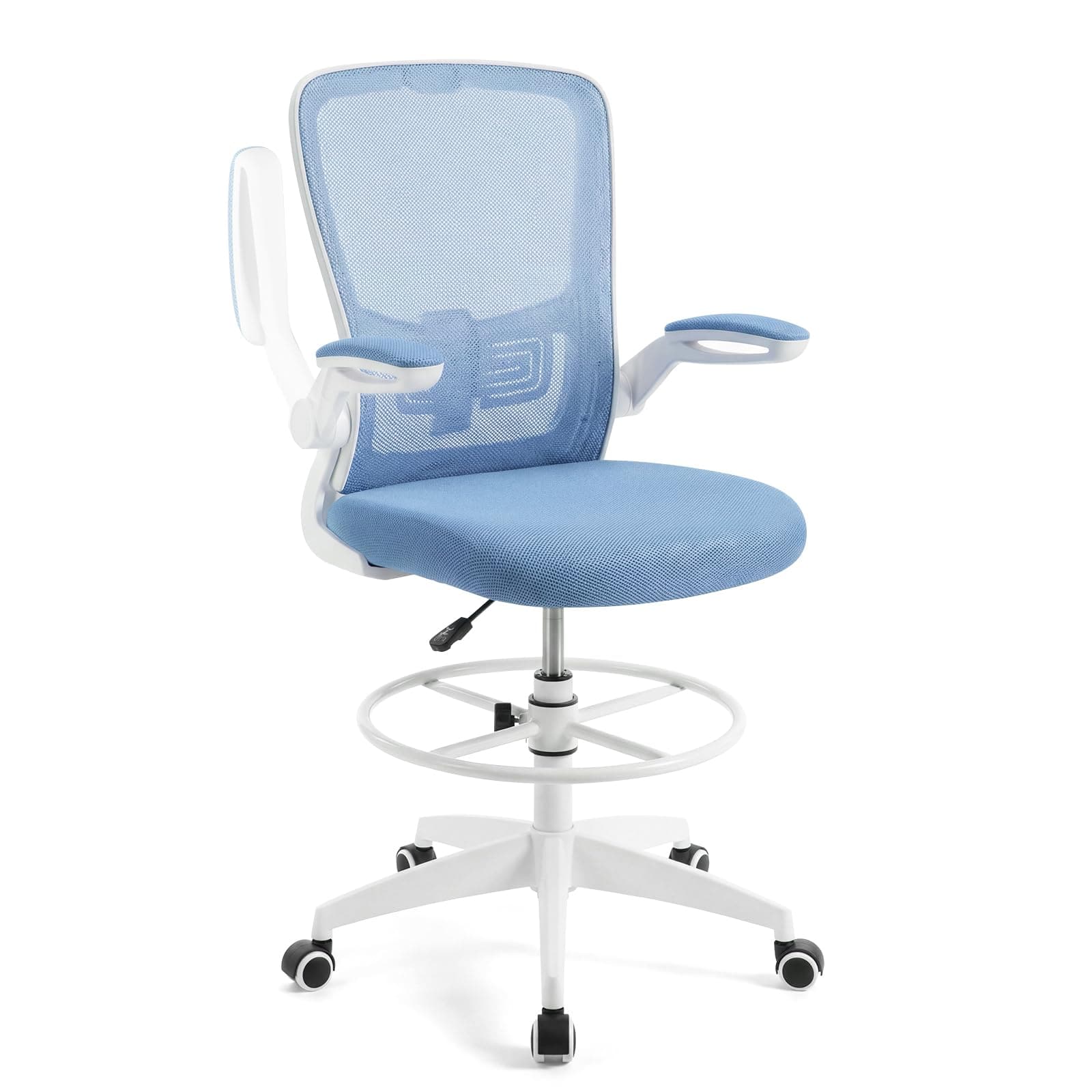 Giantex Ergonomic Drafting Chair Tall Office Chair with Flip-Up Armrests Footrest Ring Height Adjustable Executive Task Chair Mesh Computer Standing Desk Chair Lumbar Support for Home Office (Blue)