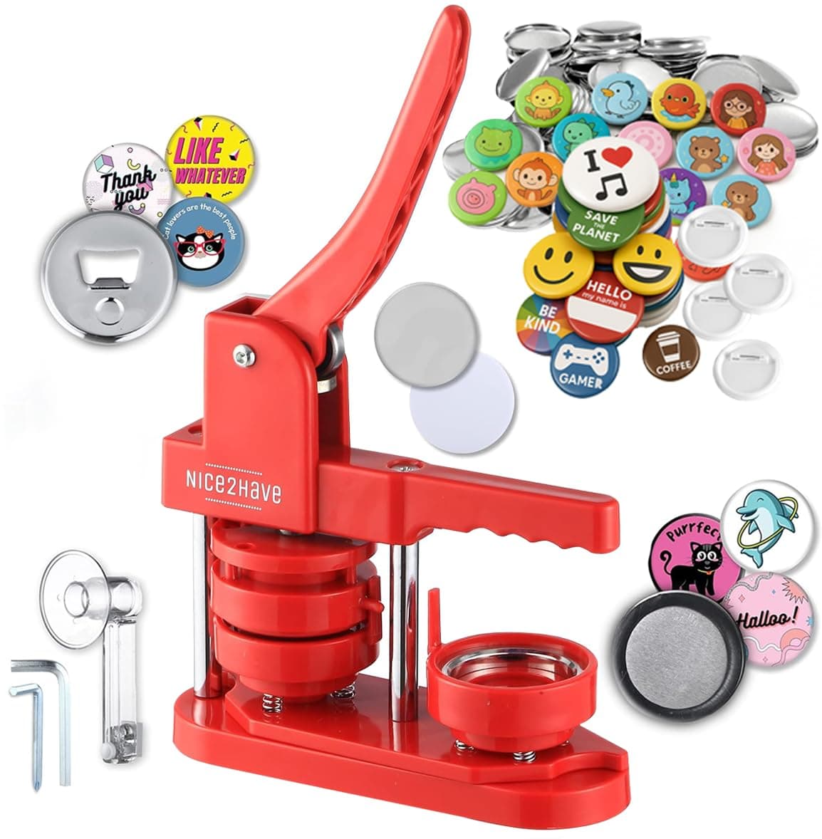 Button Maker Machine 2.25 inch (58mm) - (100pcs Buttons,5pcs Bottle Openers,5pcs Fridge Magnets, 500+ Free Designs,Circle Cutter&Magic Book&Paper) - Installation-Free Pin Maker Machine
