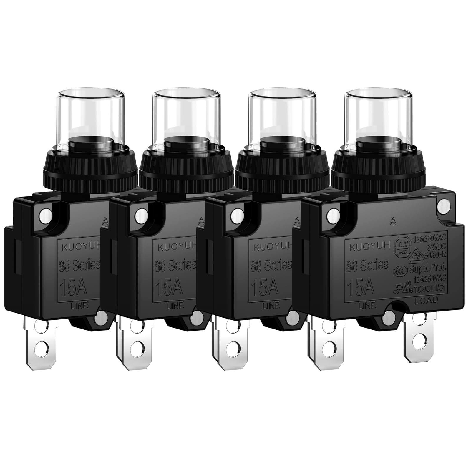 15Amp Circuit Breakers Thermal Overload Switch Protector 88 Series Manual Push Button Reset with Quick Connect Terminals and Waterproof Button Cap 32VDC or 125/250VAC 4PCS