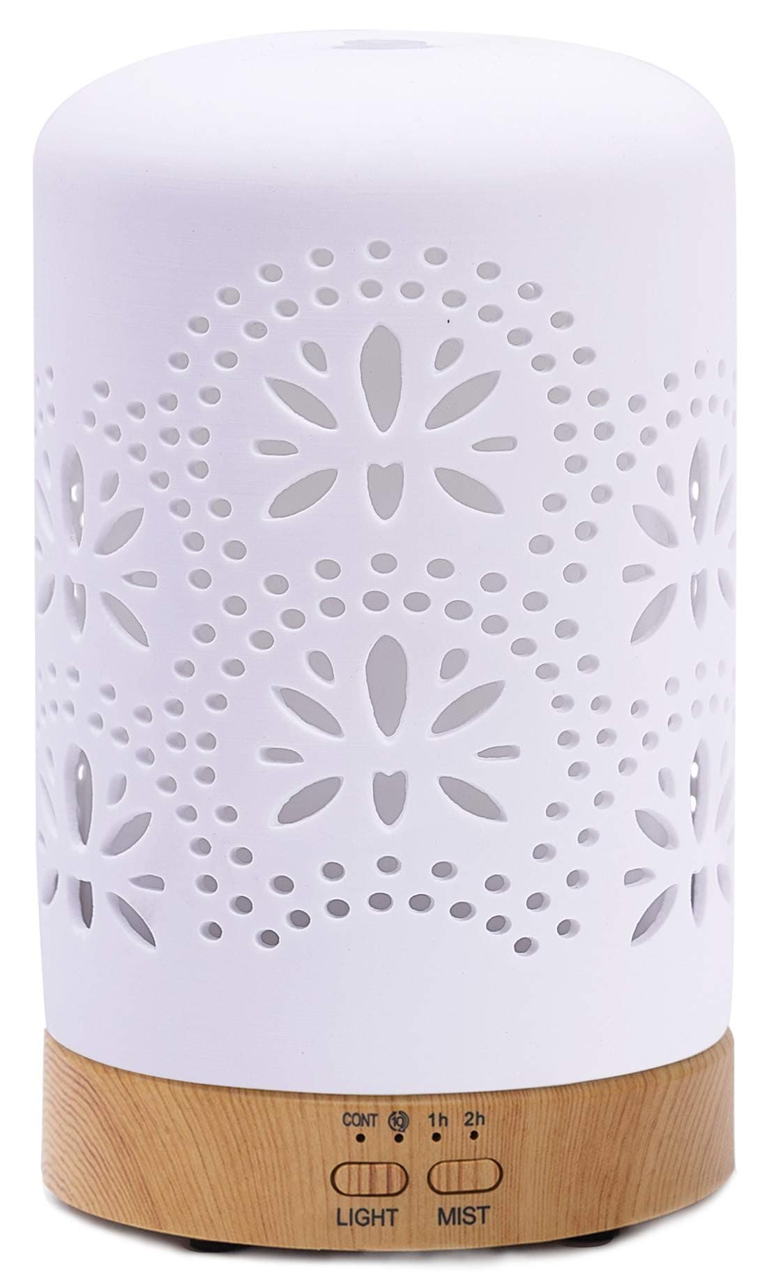 Ceramic White Diffusers for Essential Oils Cool Mist Humidifier for Home Office Bedroom, Wood Base, 120ml, Timer Setting, 7 Color Night Lights and Auto Off, BPA-Free, （Flower）