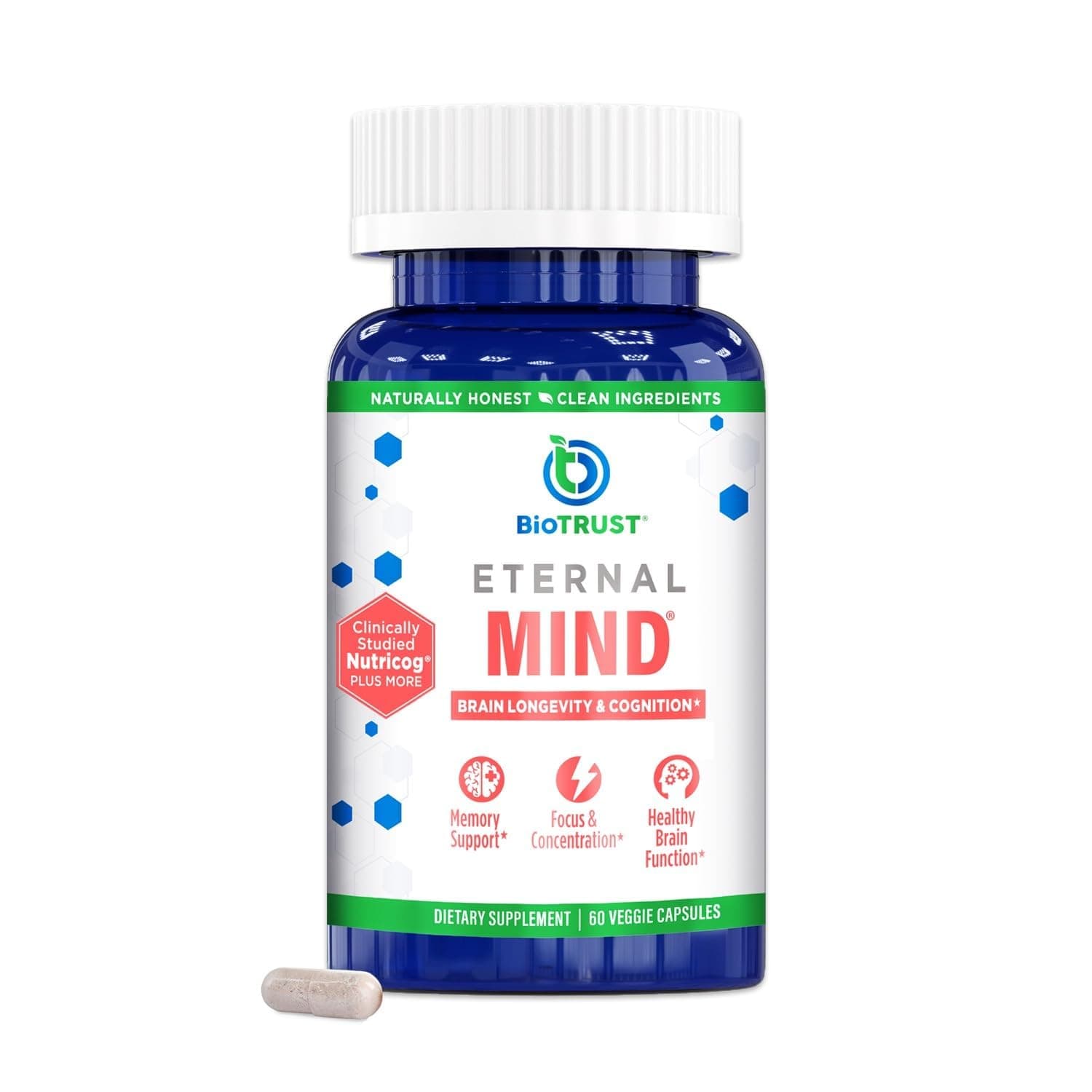 Eternal Mind Brain Supplements for Memory & Focus - Sharpen Mental Agility, Recall & Concentration with Age - Clinically Studied Supplement for Longevity & Cognition - 30 Servings