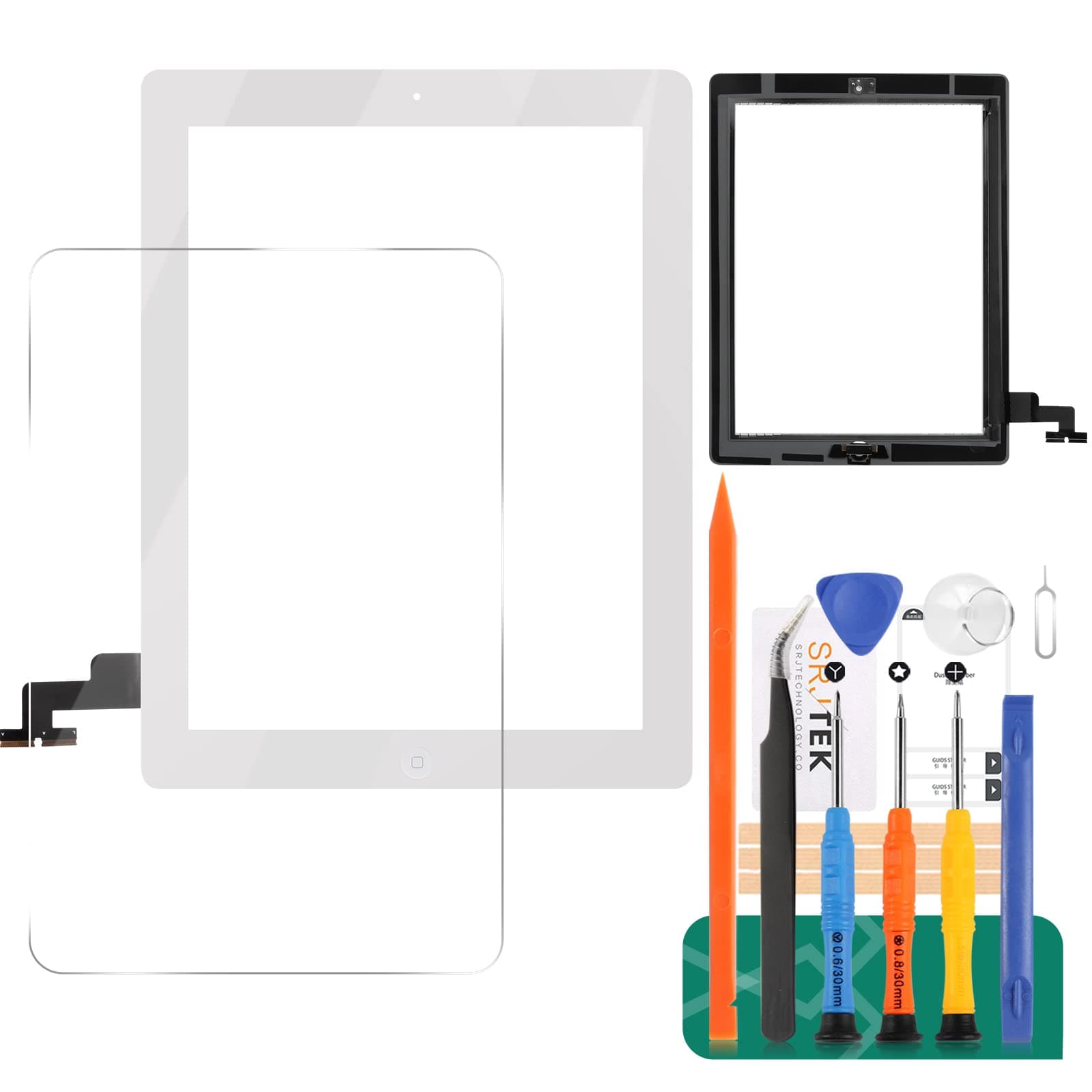 for IPad 2 Screen Replacement A1397 A1395 A1396 Touch Screen Digitizer Glass Parts +Home Button + Cameral Holder + Pre-Installed Adhesive + Middle Frame Bezel(White)