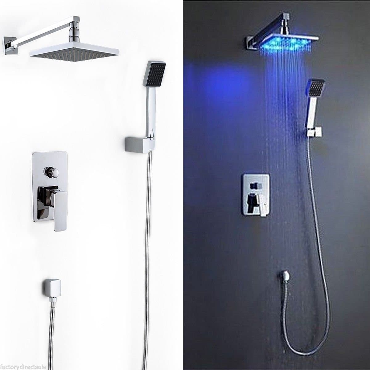 HPD 8" LED Rainfall Shower head Arm Control Valve Handspray Shower Faucet Set