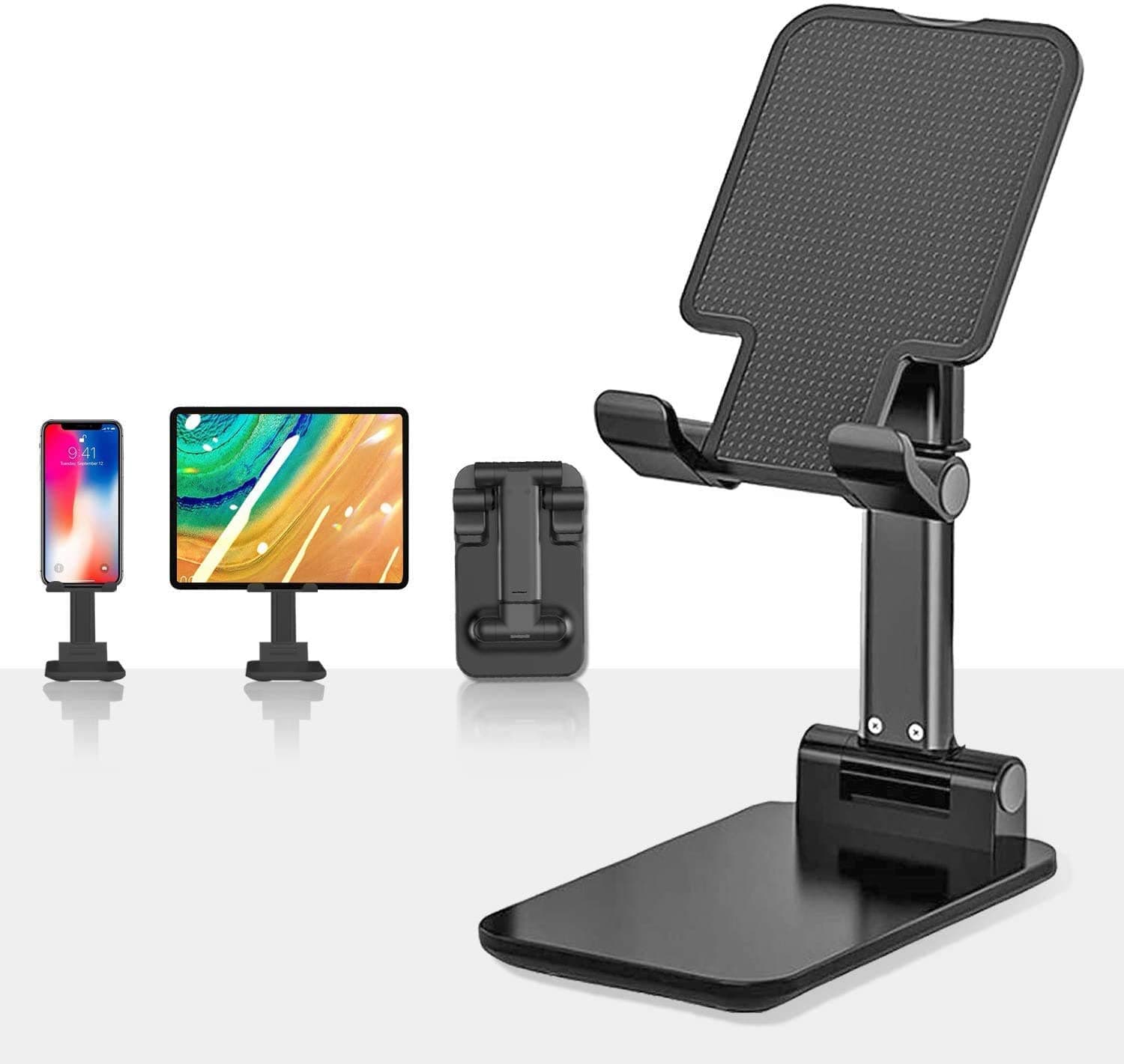 mobicell Foldable Mobile Phone Stand Holder Angle & Height Adjustable Desktop Phone Holder Dock Phone Cradle with Stable Anti-Slip Design Case Friendly Phone Holder Stand for Desk Black