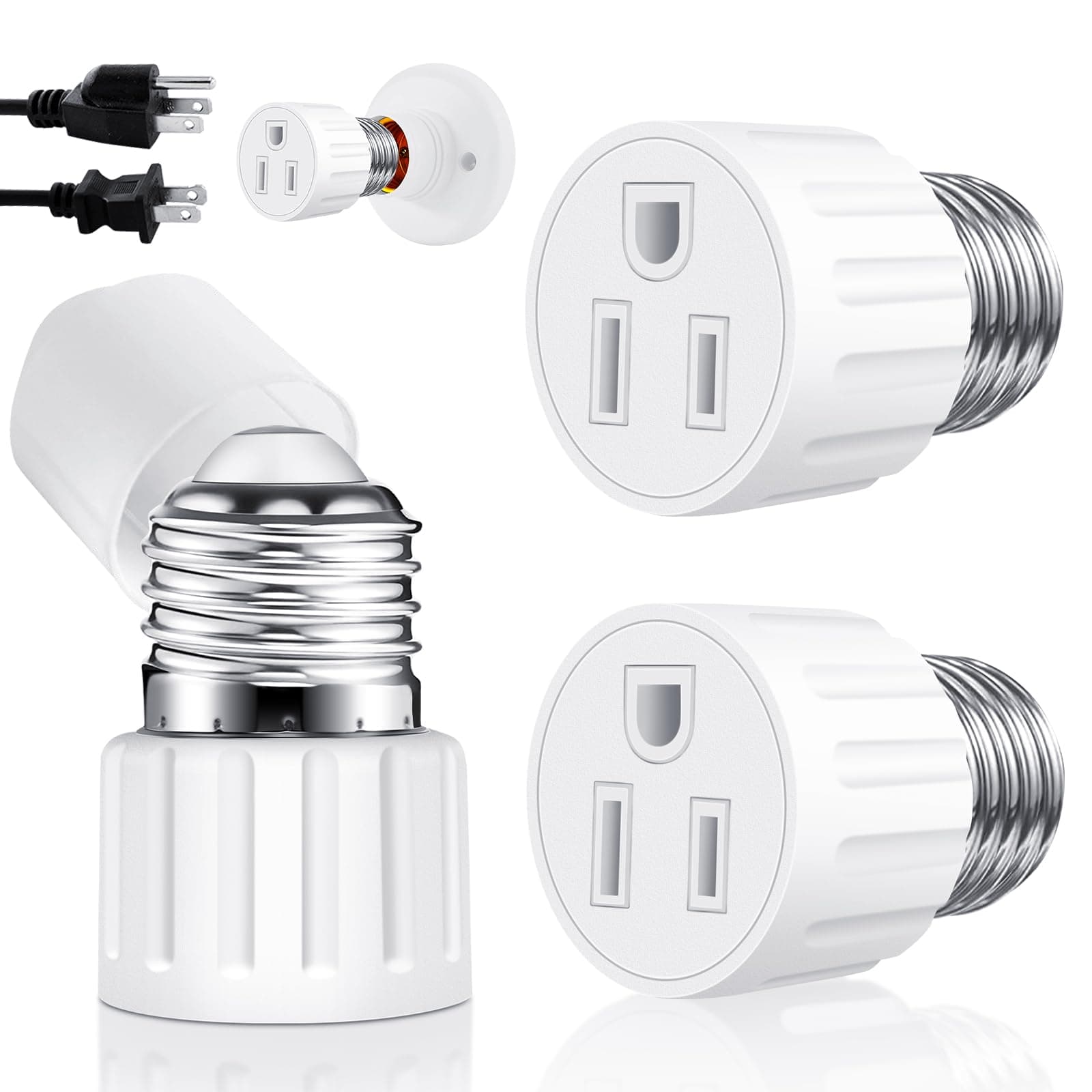(2 Packs) 3 Prong Light Socket to Plug Adapter, E26 E27 Light Socket Outlet Adapter Polarized Light Bulb Plug Adapter, Stability Performance & Professional Materials Light Bulb Adapter (White)