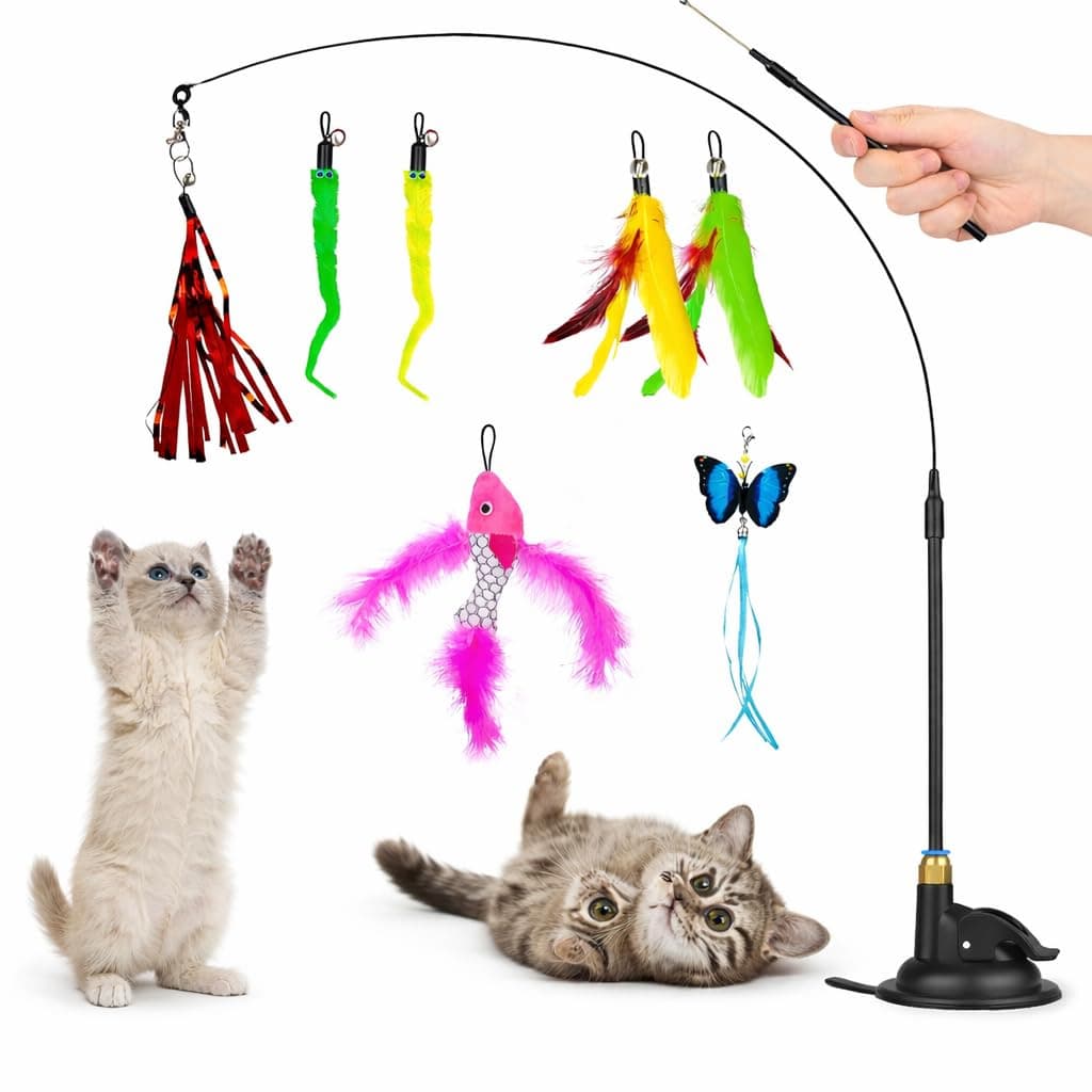 9in1 Interactive Automatic Cat Teaser Wand Toy with Strong Suction Cup, Cat Feather Toys with 8 PCS Feather Replacements - with Bell,Interactive Kitten Sticks for Indoor Cats