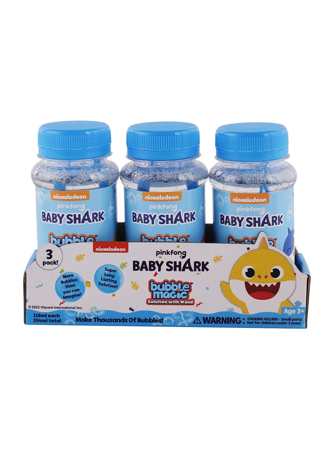 Bubble Magic Baby Shark Solution Bottle with Wand - Pack of 3 118 ML Each, with Specially Designed Grooves to Hold More Solution, Gift Set for Boys & Girls for The Age 3 Years and Above