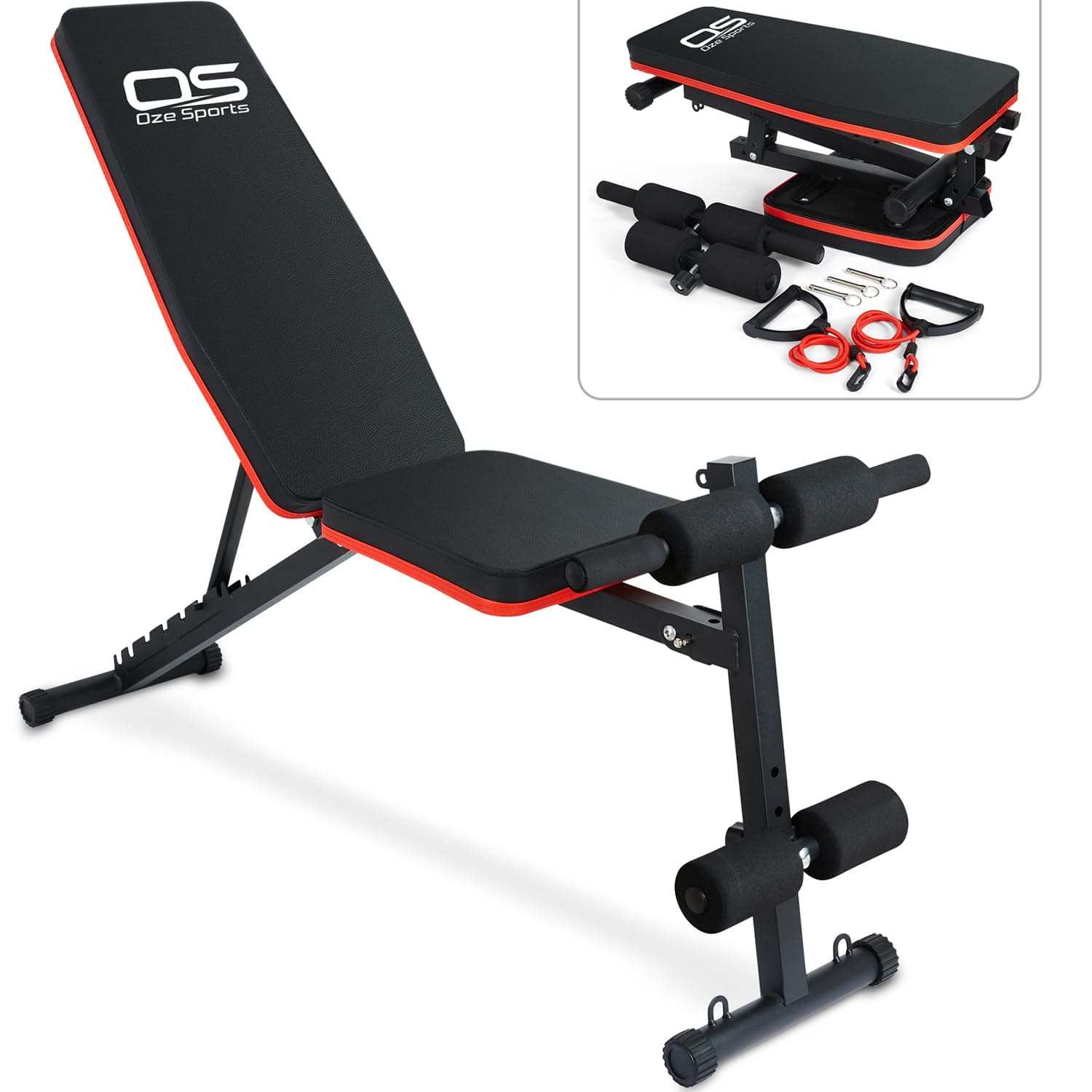 OZE SPORTS Adjustable Weight Bench - Utility Incline Decline Flat Foldable Bench Press sit up for Full Body Workout Home Exercise Gym Equipment – 7 Adjustable Positions & 2 Training Straps