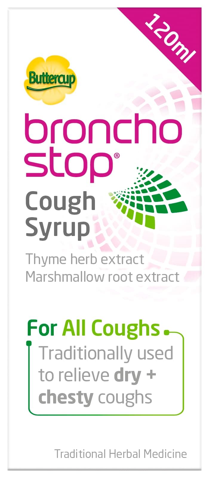 Bronchostop Cough Syrup (120ml) - Relief for Dry or Chesty Coughs - with Natural Thyme Herb and Marshmallow Root Extract - Non Drowsy Cough Medicine that Can Be Diluted & Undiluted - Alcohol Free