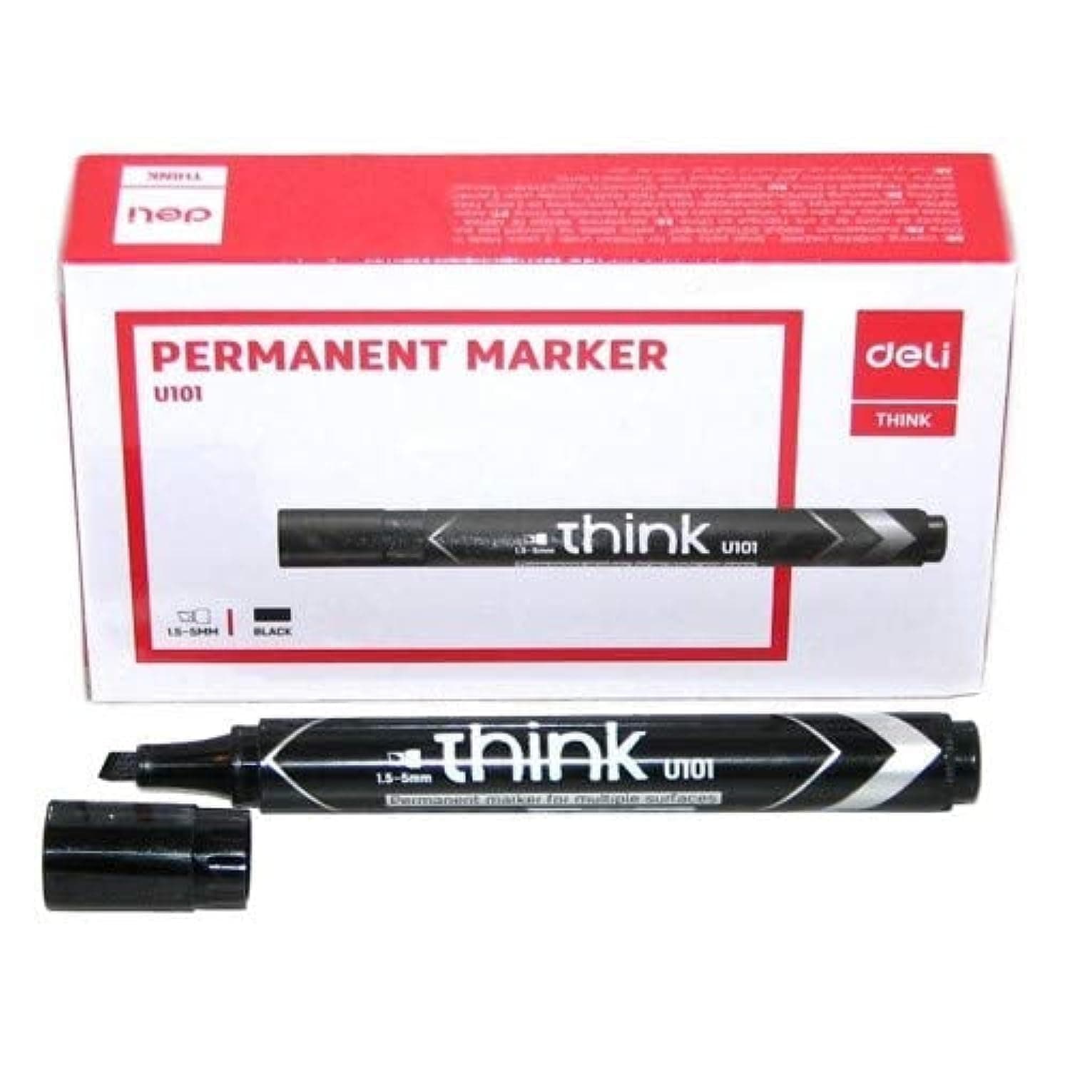 Deli Think 1.5-5mm Chisel Tip Low Odour Ink Permanent Marker 12 Piece Set, Black
