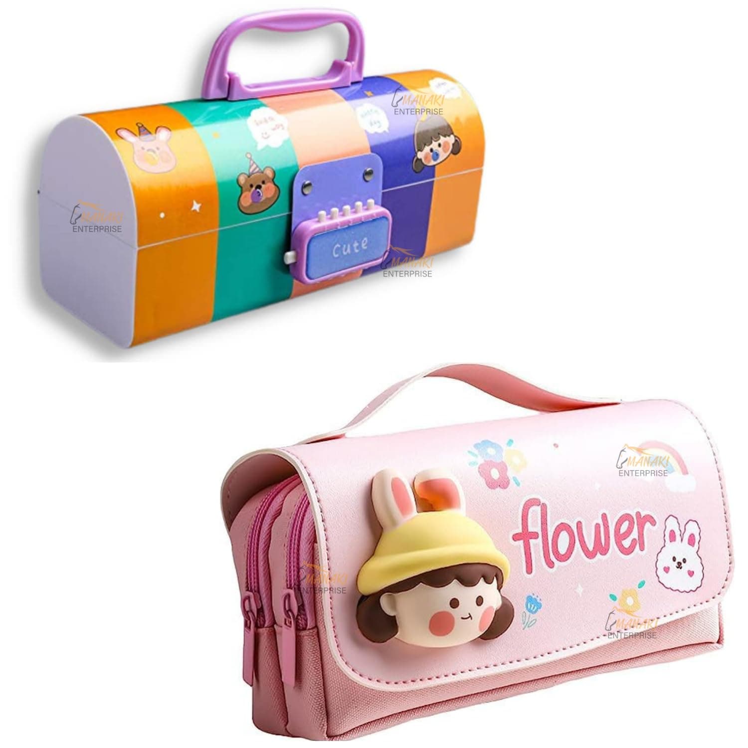 Rahasya Enterprise Pencil case Style Password Lock Multi-Layer Pencil Box & 3D EVA Pencil Case Pouch for Boys Girls(Cute Multicolor P.Box+Flower Pouch)