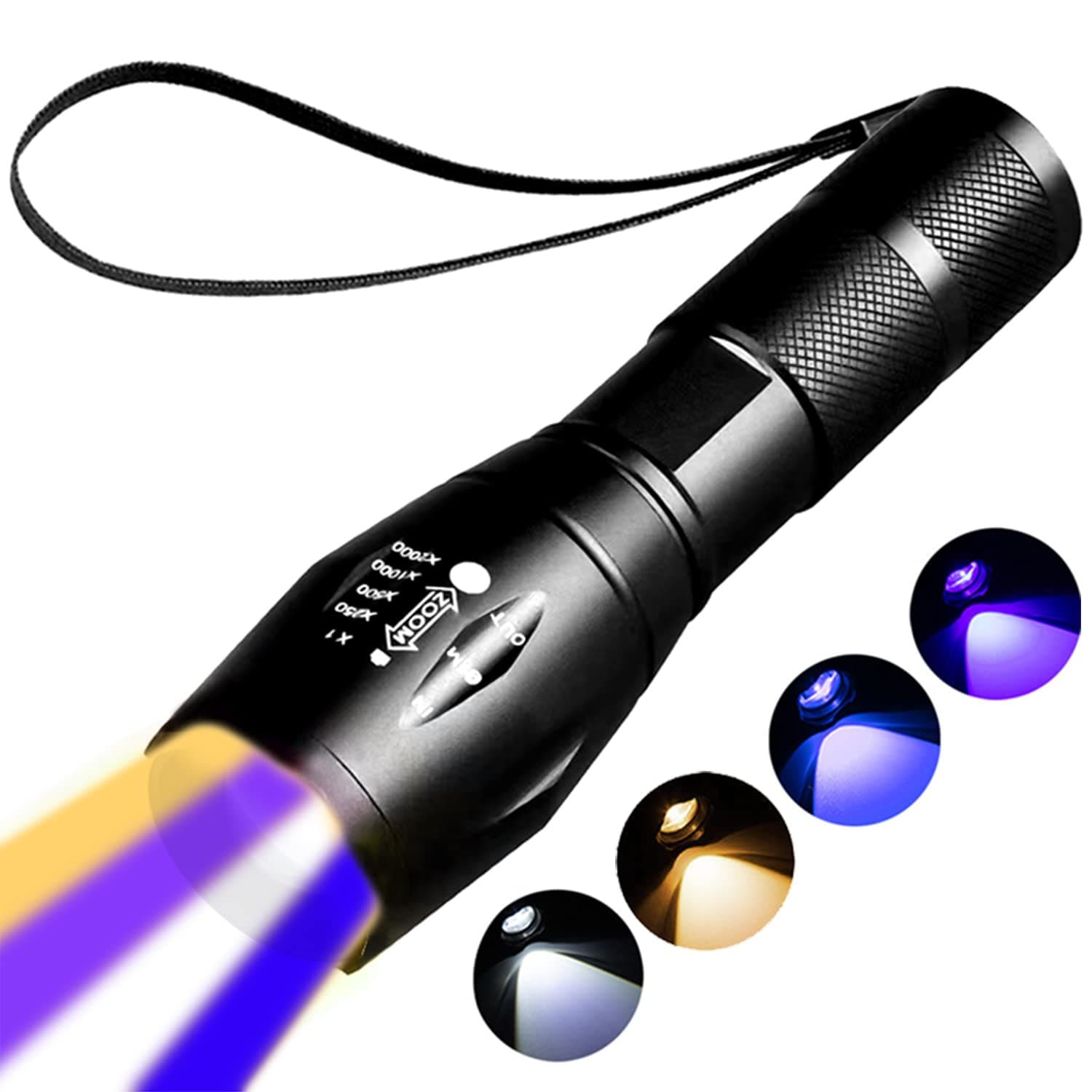Rechargeable Multi Function Flashlights – 4 Color Lights, Black Light UV Flashlights, Blood Tracking Light for Hunting，4 Modes. LED UV Black Lamp and Blue Light and White and Yellow Lights.