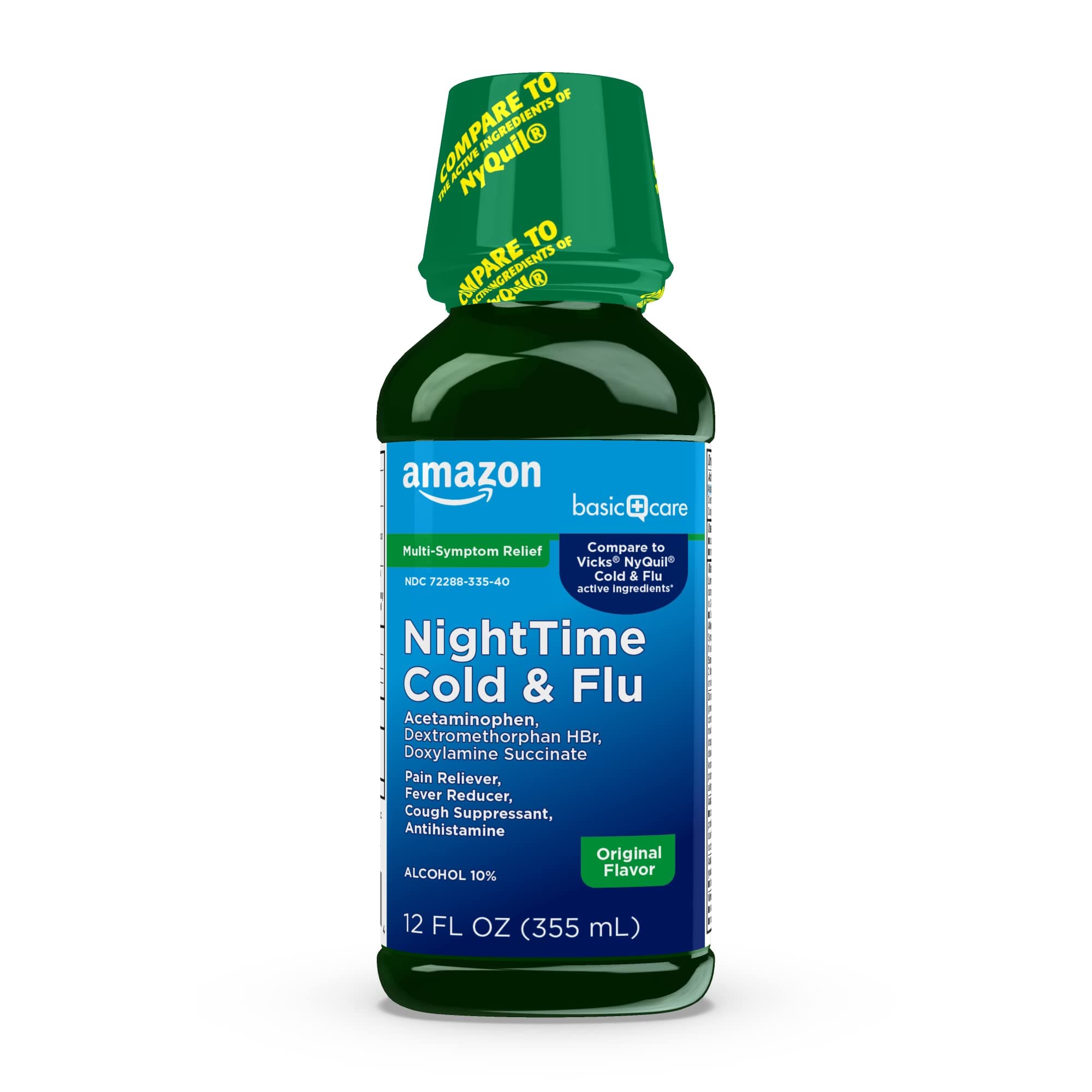 Amazon Basic Care Nighttime Cold and Flu Medicine, Maximum Strength, Original Flavor Liquid, Multi-Symptom Relief for Cough, Sore Throat, Fever, 12 fl oz (1-Pack)