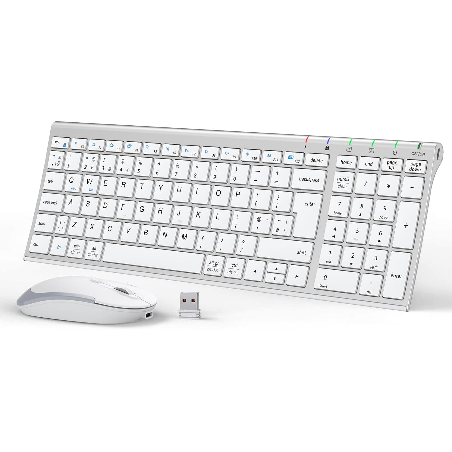 iClever GK03 Wireless Keyboard & Mouse Combo for Mac & Windows, 2.4G Rechargeable Wireless Keyboard Mouse, Silent Keys, Full Size, Portable Slim Ergonomic Design, QWERTY UK Layout, Silver and White