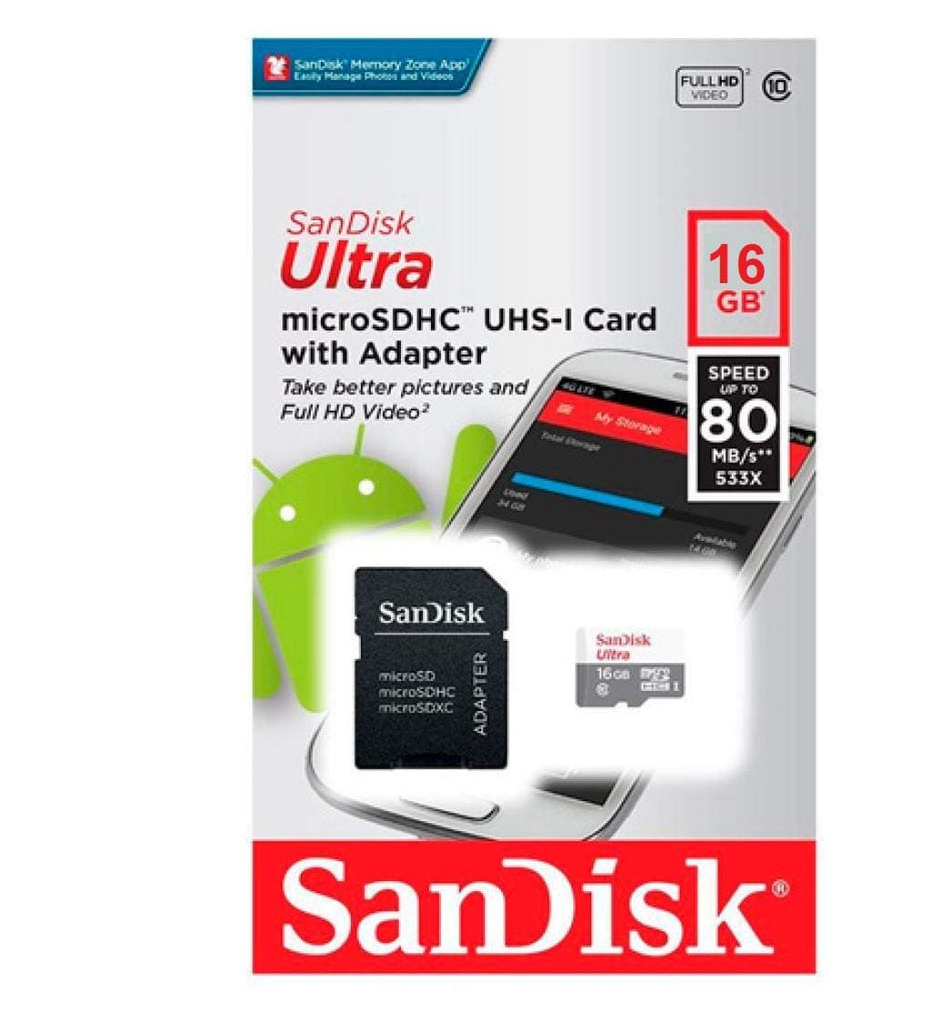 Ultra Micro SD Card Android - Class 10-16GB with Adaptor - SDSQUNS-016G-GN3MA