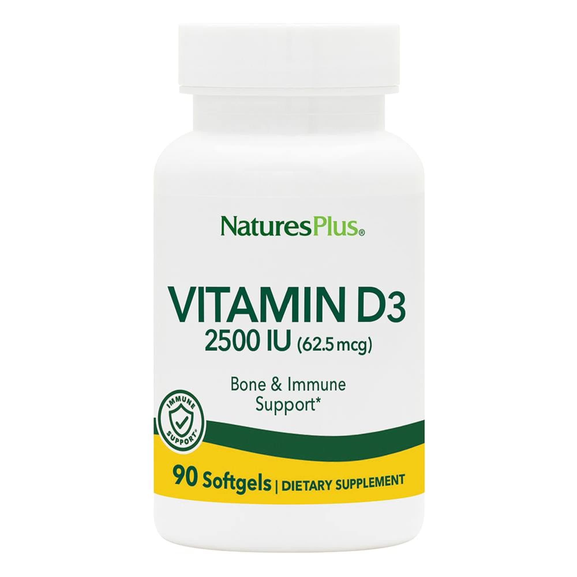 NaturesPlus Vitamin D3 2500 IU - Active Vitamin D Supplement - Immune Support, Bone, Muscle and Teeth Health - Easy to Swallow, One A Day, Gluten Free - 90 Softgels