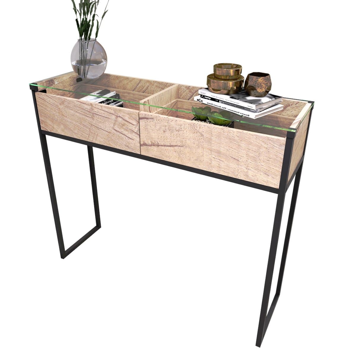 Tilly Lin Clear Glass Top Console Table, Sofa Table with 2 Drawers, Accent Display, Vintage Oak