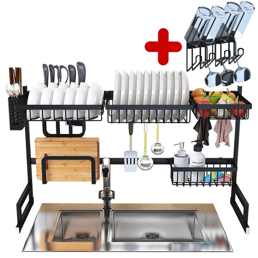 2 Tier Dish Rack Large Dish Drying Rack Kitchen Utensil Holder Drying Rack Kitchen Over the Sink Shelf Plate Rack Sink Rack Dishes Drying Rack for Counter Drying Rack Dishes Escurridor De Platos Black