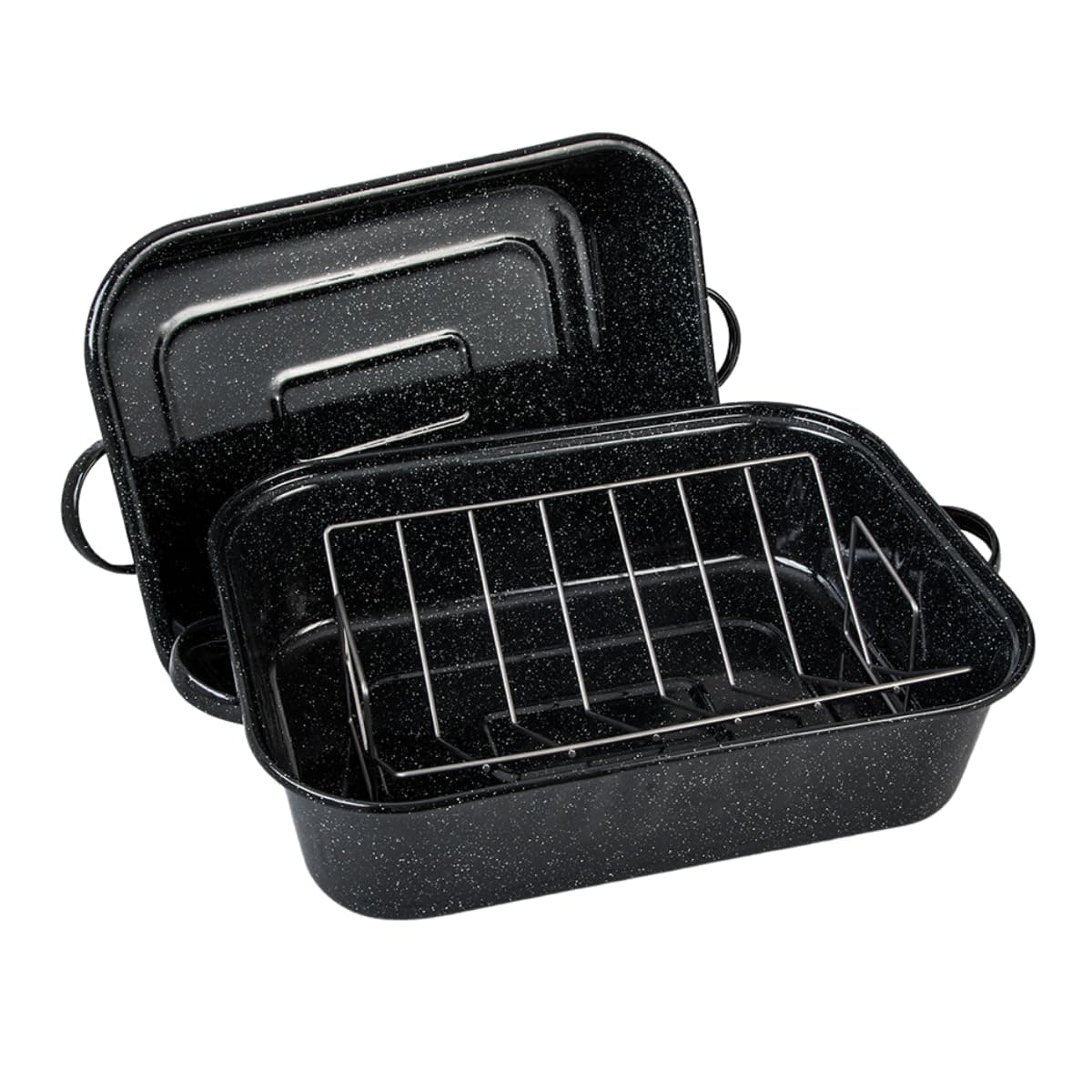 Granite Ware21 in Oven Rectangular Roaster with lid and V Rack (Speckled Black) - Accommodates up to 25 lb poultry or roast.