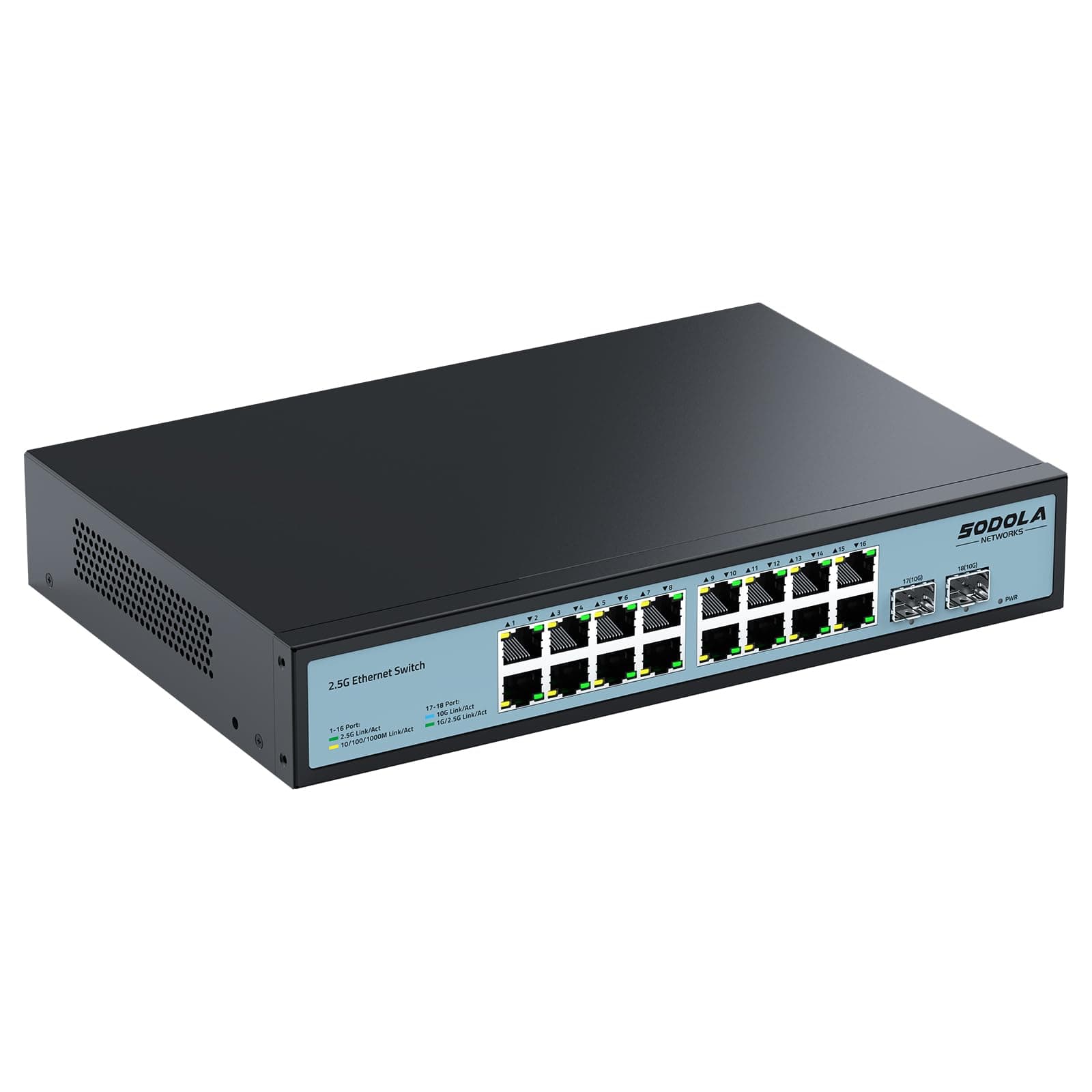 SODOLA 16 Port 2.5Gb Switch Umanaged,16X 2.5GBASE-T Ports,2X 10G SFP, 120Gbps Switching Capacity,Port Isolation,/1U Rack-Mount/Fanless/Plug & Play Multi-Gig Unmanaged Network Switch