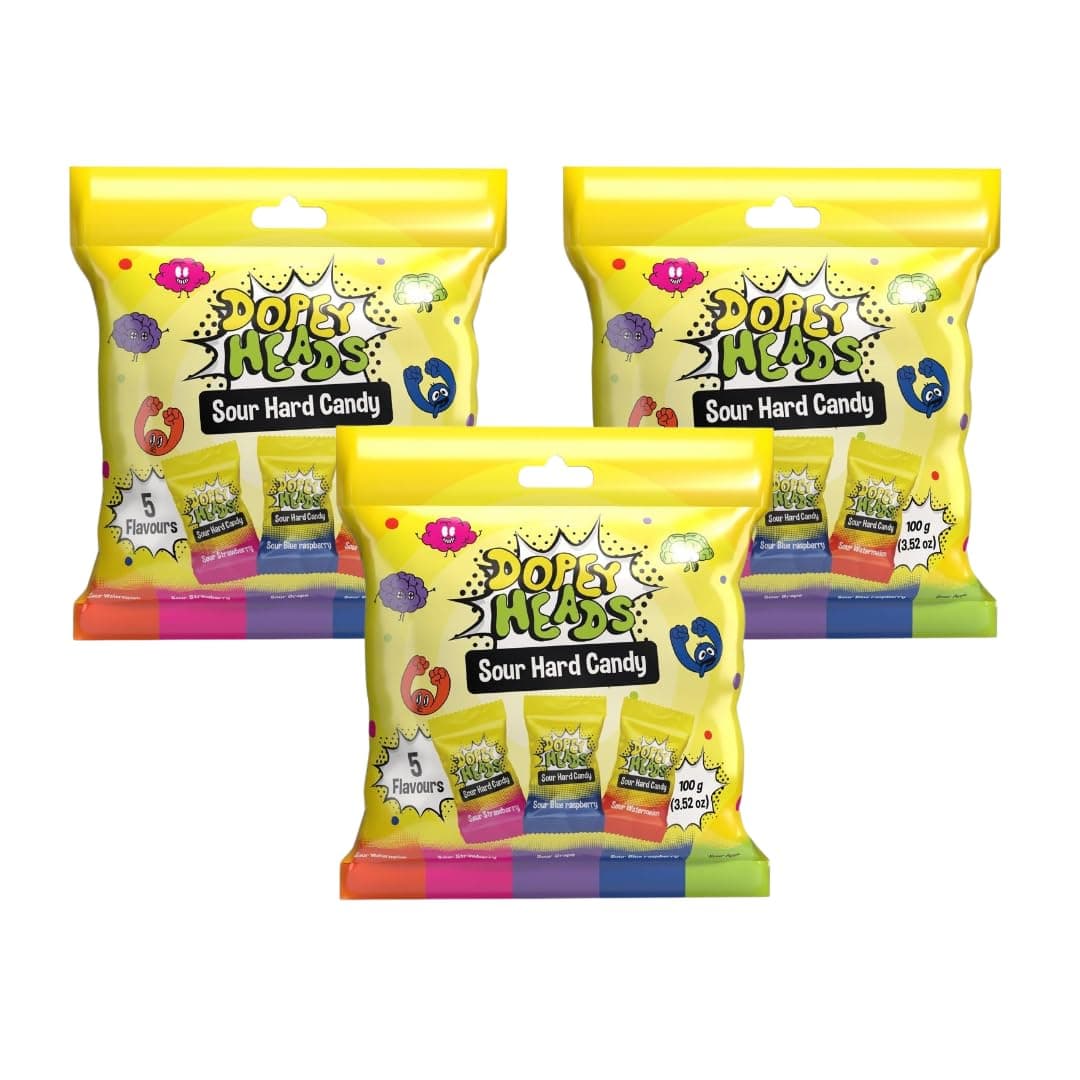 Dopey Heads | HALAL | Assorted | Sour Hard Candy | Watermelon | Strawberry | Grape | Blue Raspberry | Apple | Pack of 3 | Weight 100g Each (Assorted Sour Hard Candy)