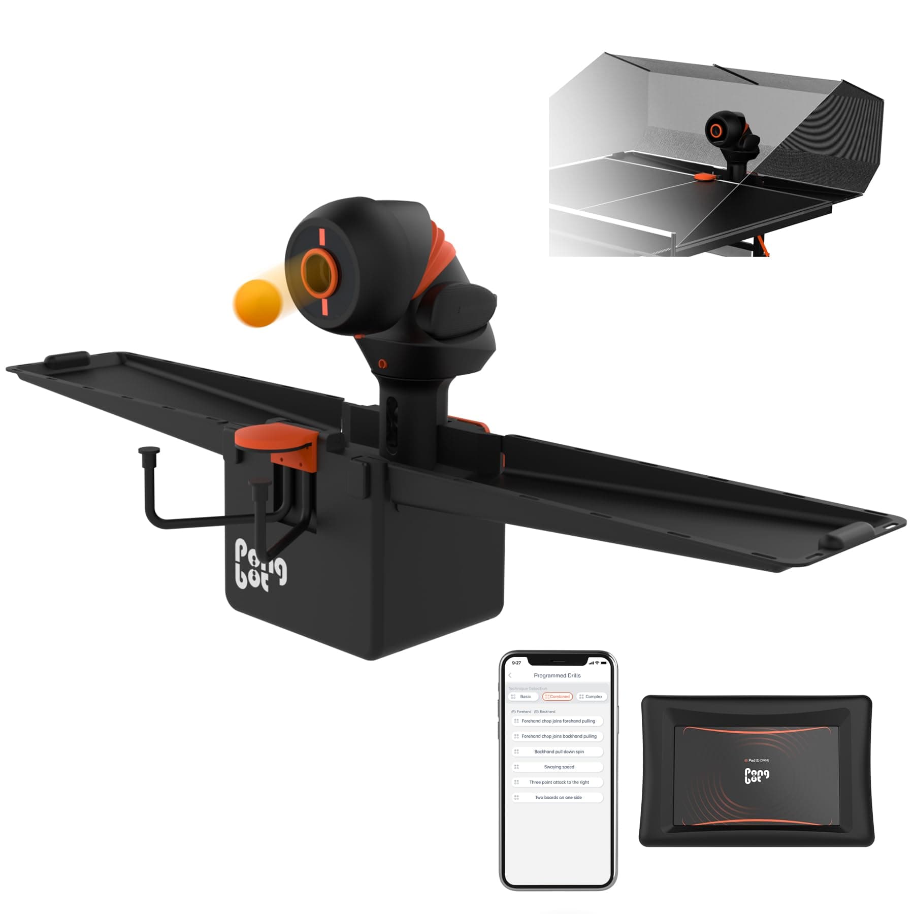 PONGBOT Table Tennis Robot with Net, Automatic Ping Pong Machine, E-Pad/APP Control, 396 Pre-Saved Ball Trajectories, Programmable Drills