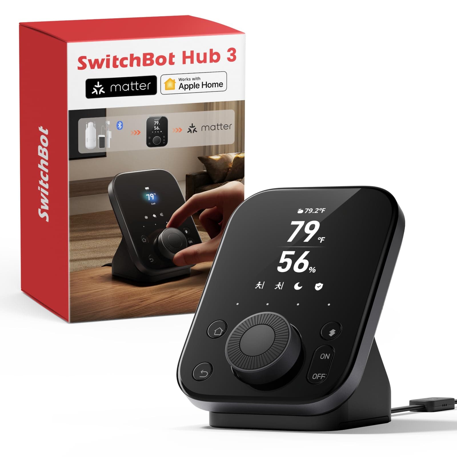 SwitchBot Hub 3 (3rd Gen), Smart Home Hub with 2.4'' IPS Screen & Knob Control, WiFi Thermometer Hygrometer, IR Remote Hub (Matter/Bluetooth 200m), Alexa/Google/Apple Home Compatible