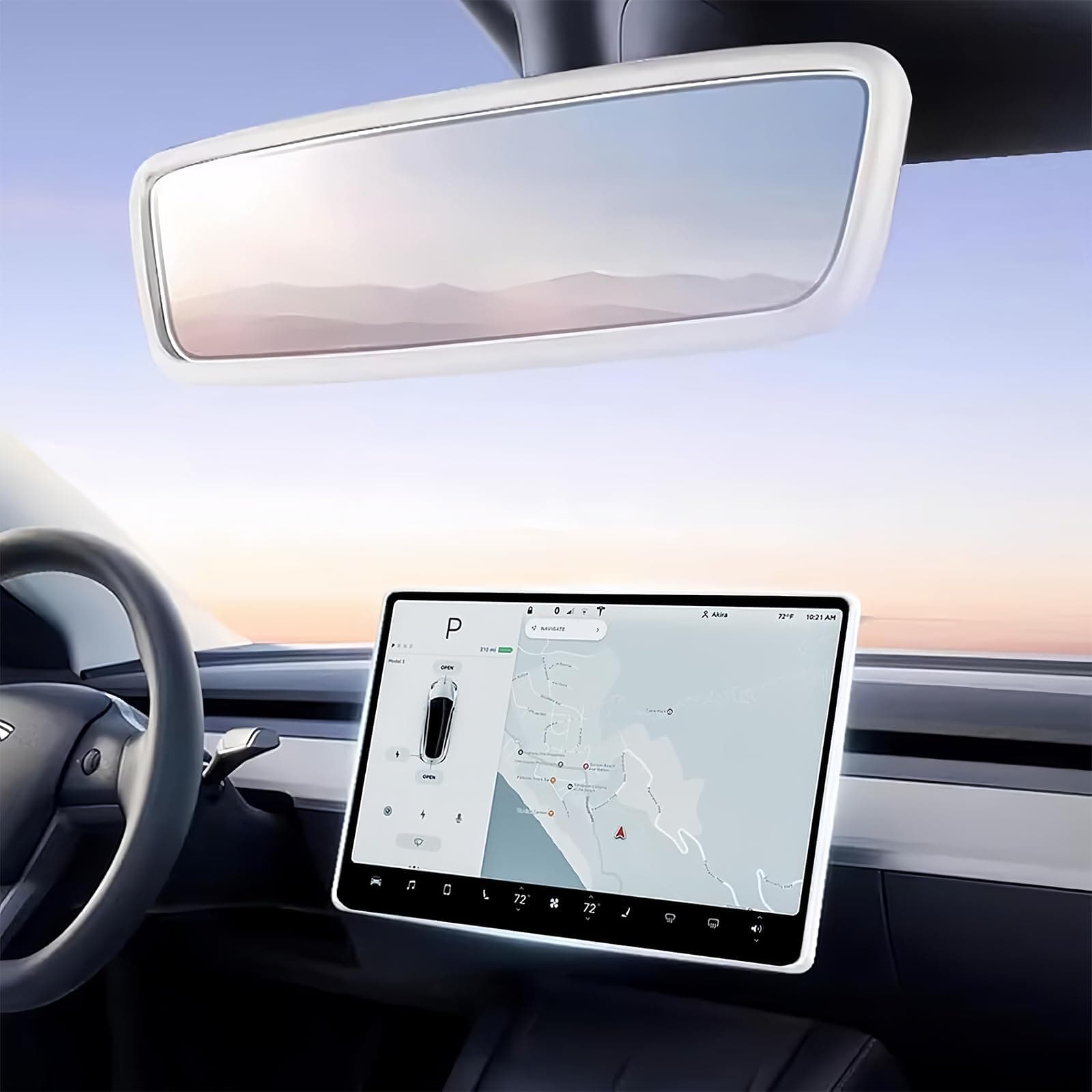 2PCS Protector Trim Frame Compatible with Tesla Model 3 Model Y (2019-2024) Screen Edge Frame Rearview Mirror Cover Interior Silicone Decorations Center Console Decor Accessories (White)