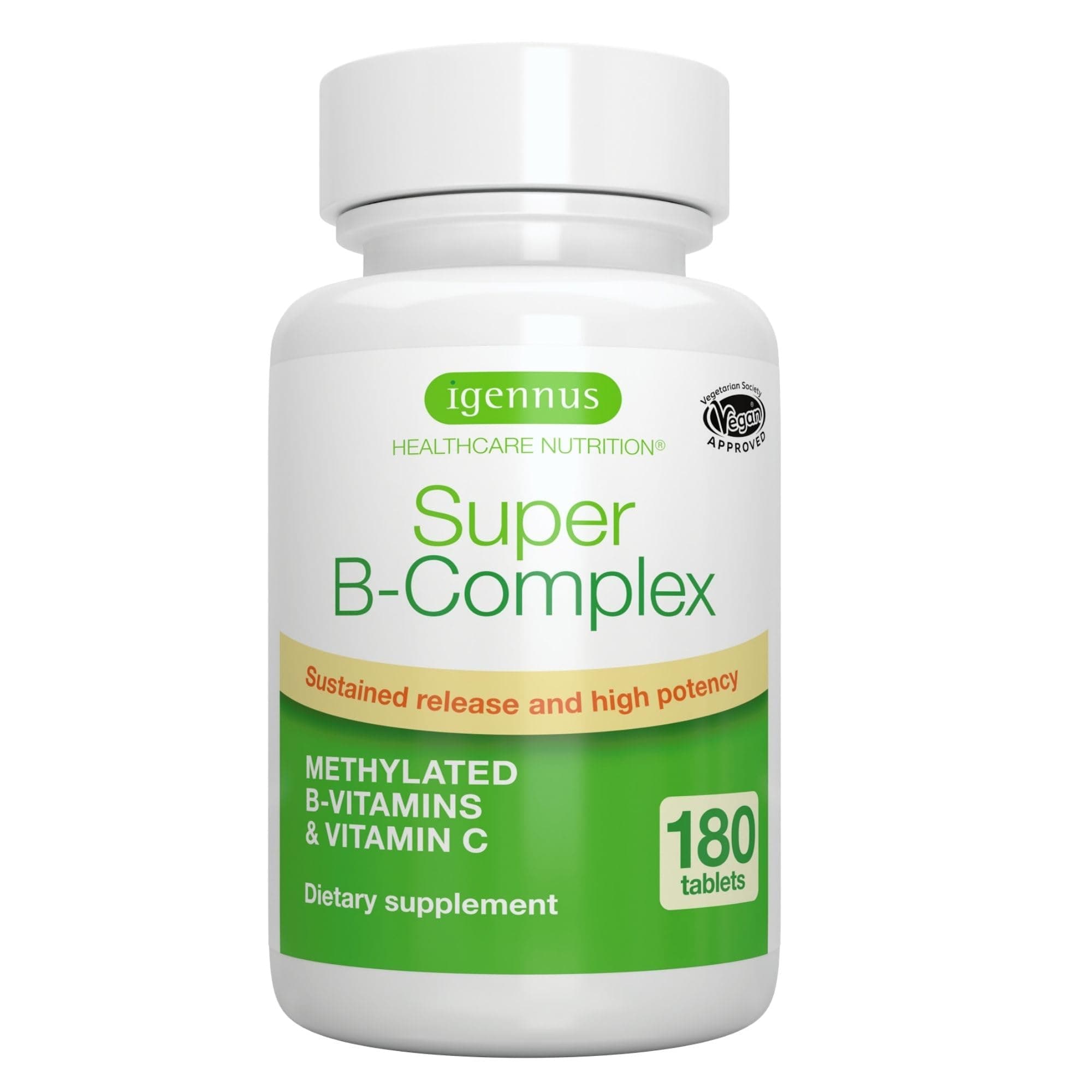 Super B-Complex – Methylated Sustained Release B Complex & Vitamin C, Folate & Methylcobalamin, Vegan, Energy, Heart & Brain Function, 180 Small Tablets