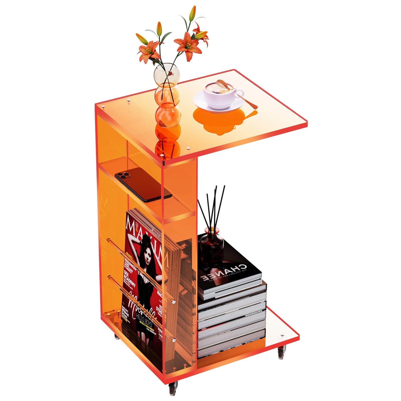 solaround Acrylic Side Table, Sofa Side Bedside Table, Coffee Table for Living Room (C-Shape Orange)