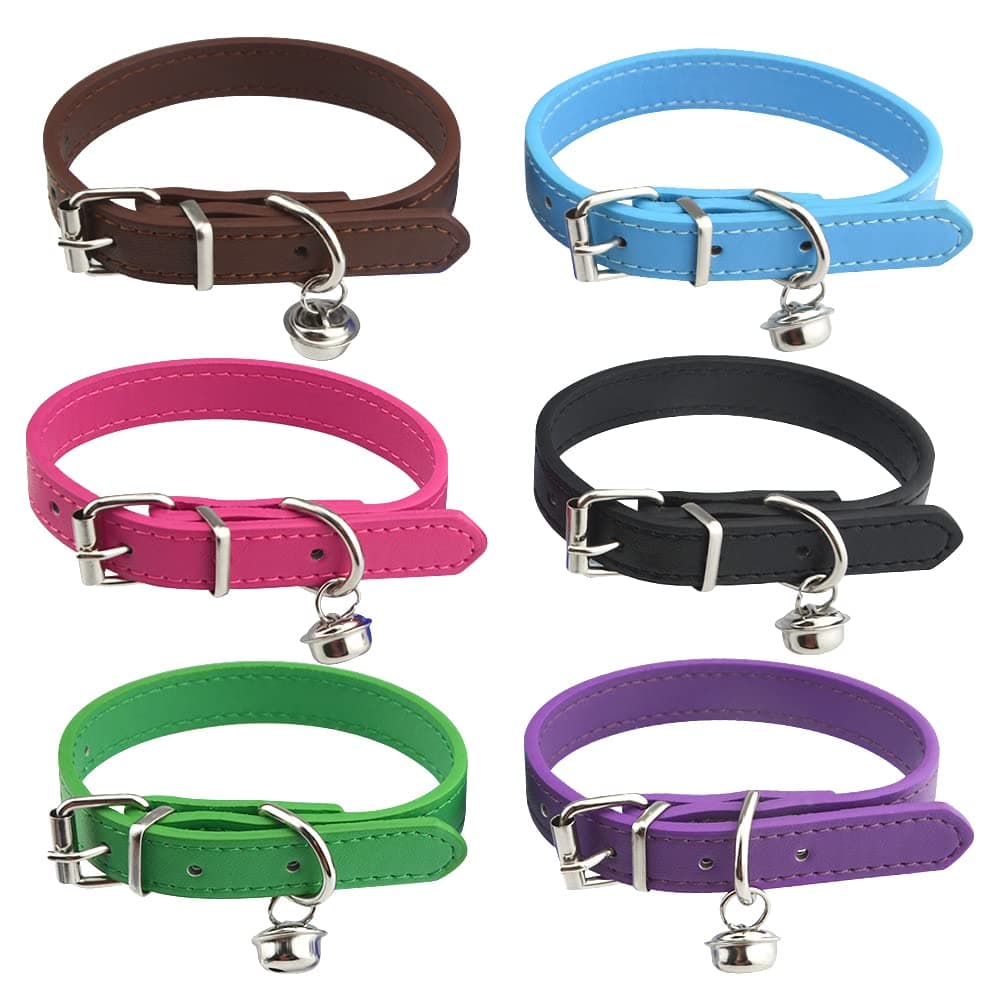 – 6Pcs Leather Pet Collars with Bell Adjustable 20-28cm Soft Identification Leather Cat Collar for Puppy Kittens Cats