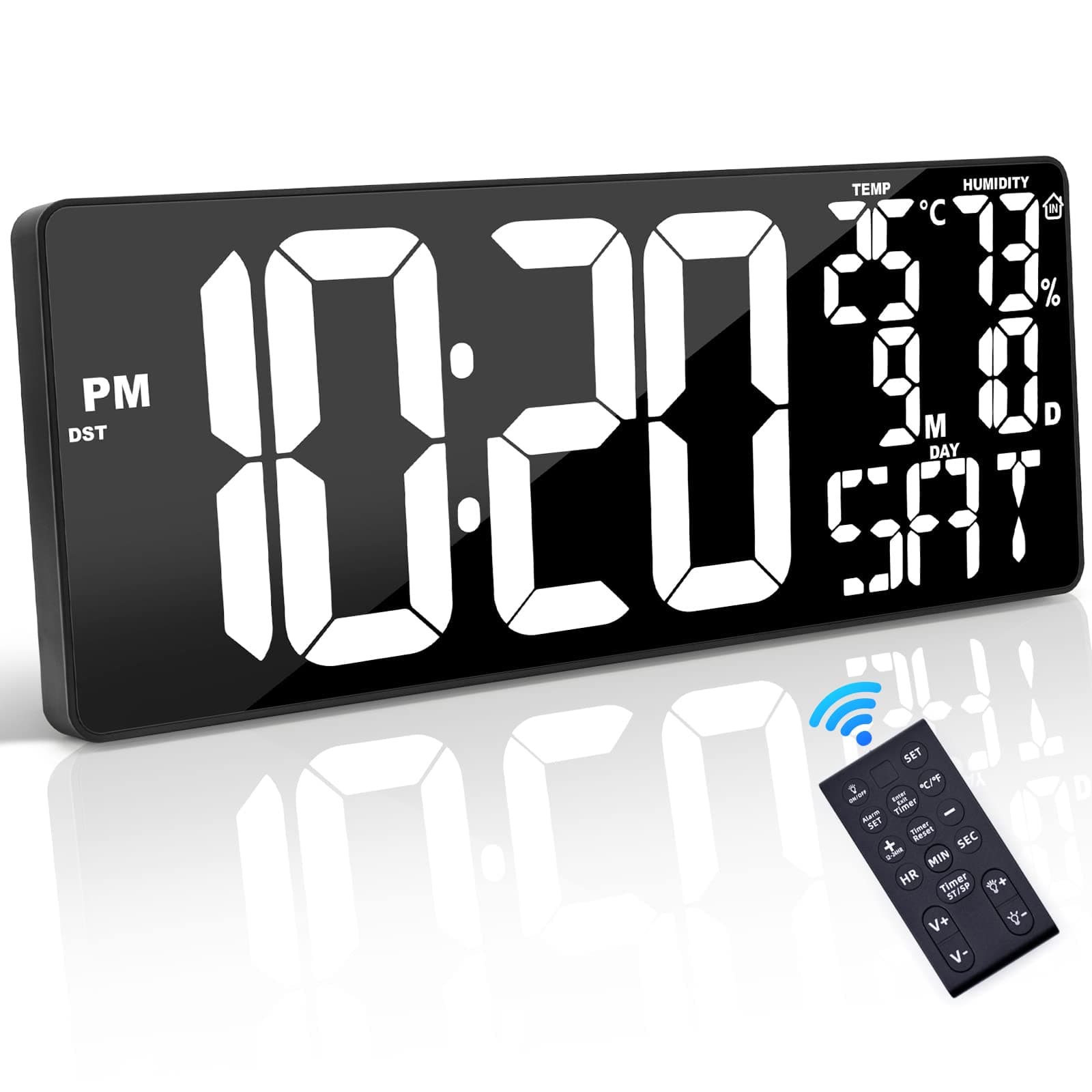 18 Inch Oversized Digital Wall Clock with Remote Control, Auto-Dimming, Temperature, Date/Day of Week, Large Display, Multi-Functional, White