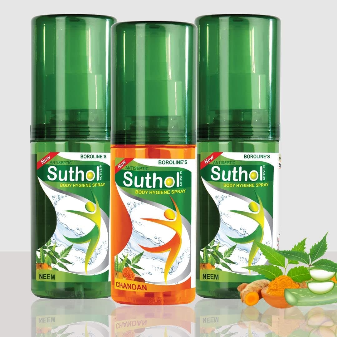 Suthol Active Chandan Spray 100 ml + Active Neem Spray 100 ml X 2 | Stops Skin Irritations, Prickly Heat, Itching, Rashes | With Neem, Turmeric, Merigold & Aloe vera (Pack of 3)