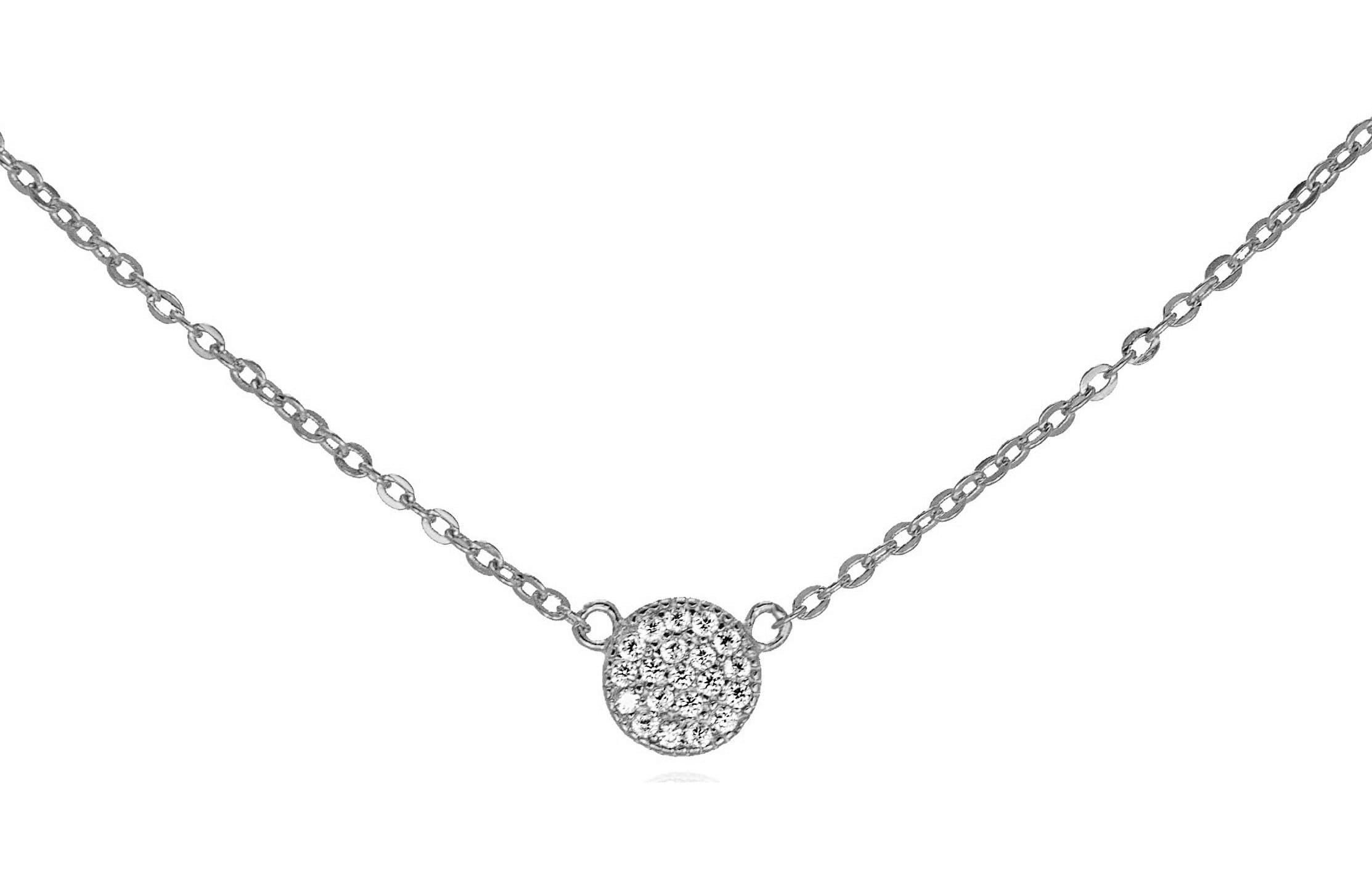 Tiny .925 Sterling Silver CZ Pave Disk Necklace Adjustable Chain 16" - 18" Gift Box