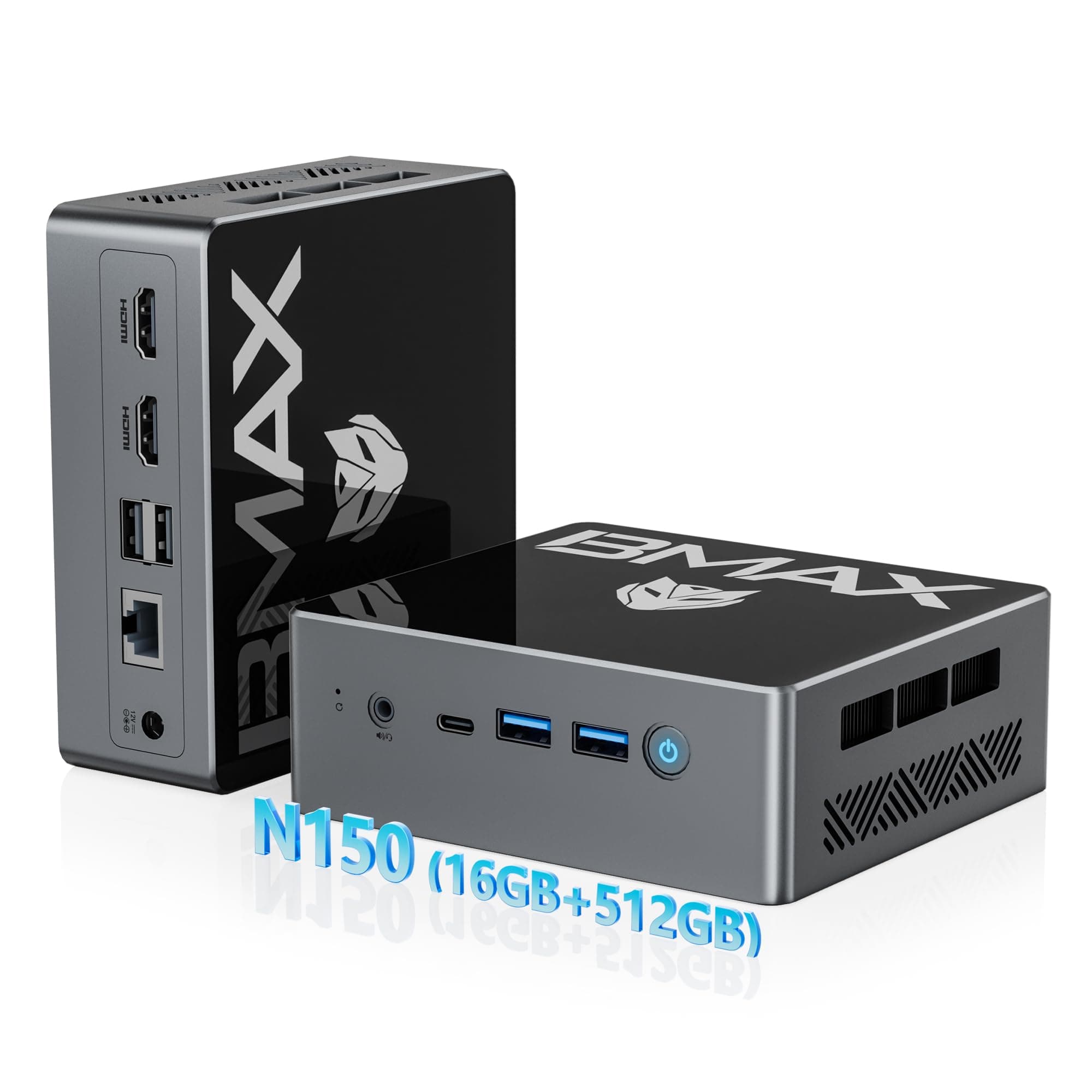 Bmax B4 Turbo Mini PC, Intel Processor N150 Up to 3.6GHz Beats N100/N95, 16GB DDR4 512GB SSD, USB 3.0/USB-C/Wi-Fi 5/BT 5.0 Micro Office Computers with 2 x HDMI 2.1 Support Dual 4K Display