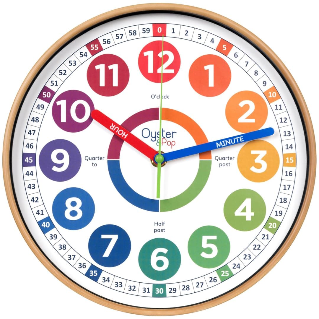 Oyster&Pop Learning Clock for Kids - Silent Telling the Time Teaching Clocks - Non-Ticking Kids Clocks for Bedrooms - Classroom Clock for Teaching Time - Children Learn to Tell Time Easily