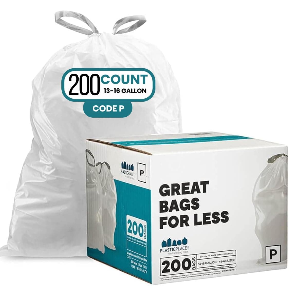 Plasticplace Drawstring Trash Bags, Compatible with simplehuman Code P, White Garbage Liners 13-16 Gallon / 50-60 Liter, 23.5" x 31.5", (200 Count)