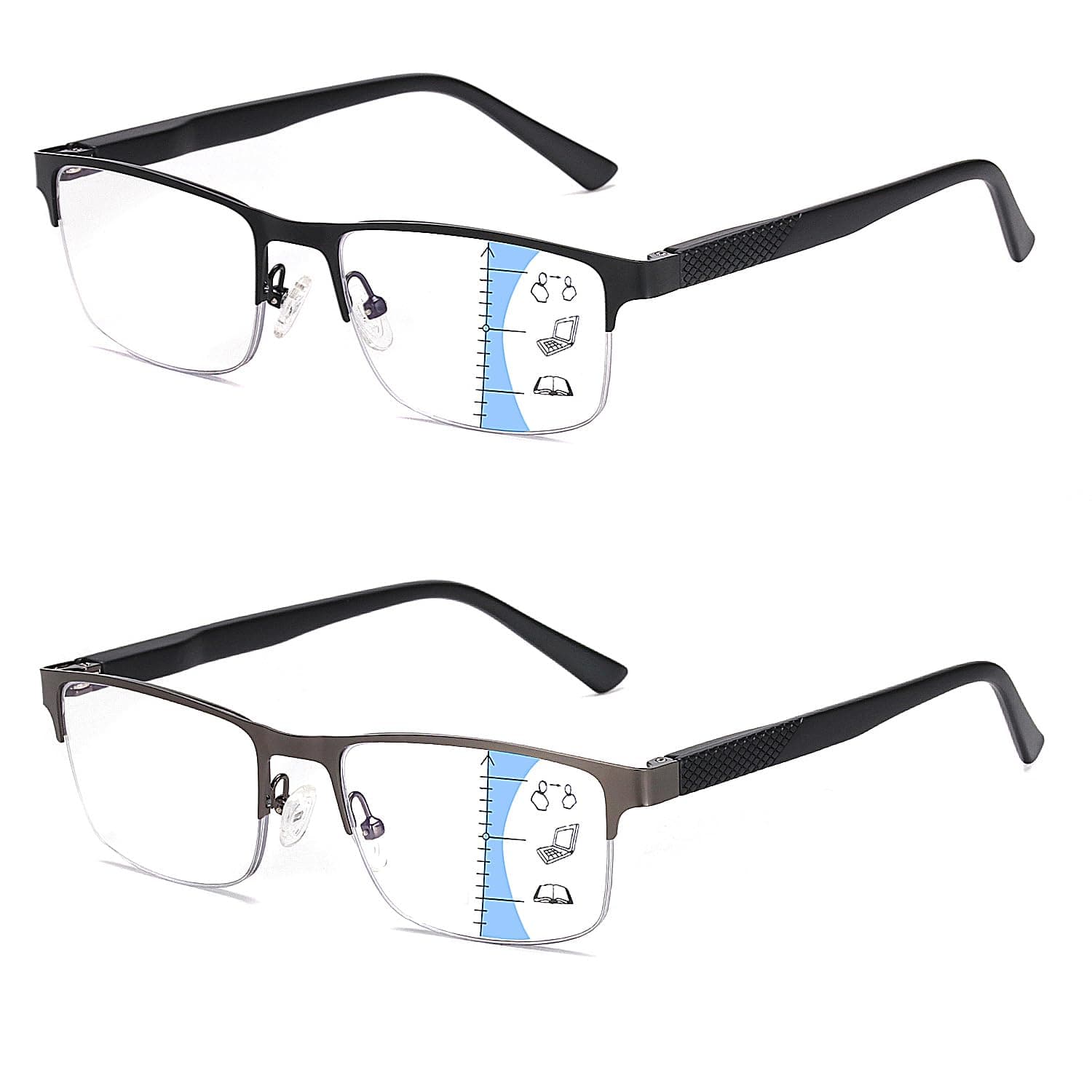 2 Pack Mens Quality Progressive Multifocus Reading Glasses Blue Light Blocking, Man Spring Hinge No-Line Multifocal Readers Half Frame Metal Eyeglasses,Workspace For Near Range, 2.5x
