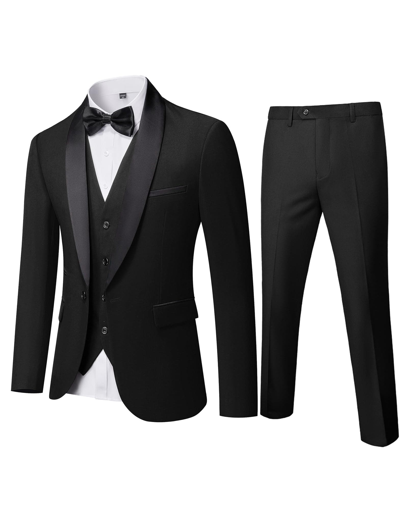 - Mens 3 Piece Tuxedo Set with Bow Tie, Shawl Lapel One Button Jacket Vest & Pants, Slim Fit Suit Prom Party Wedding Tux
